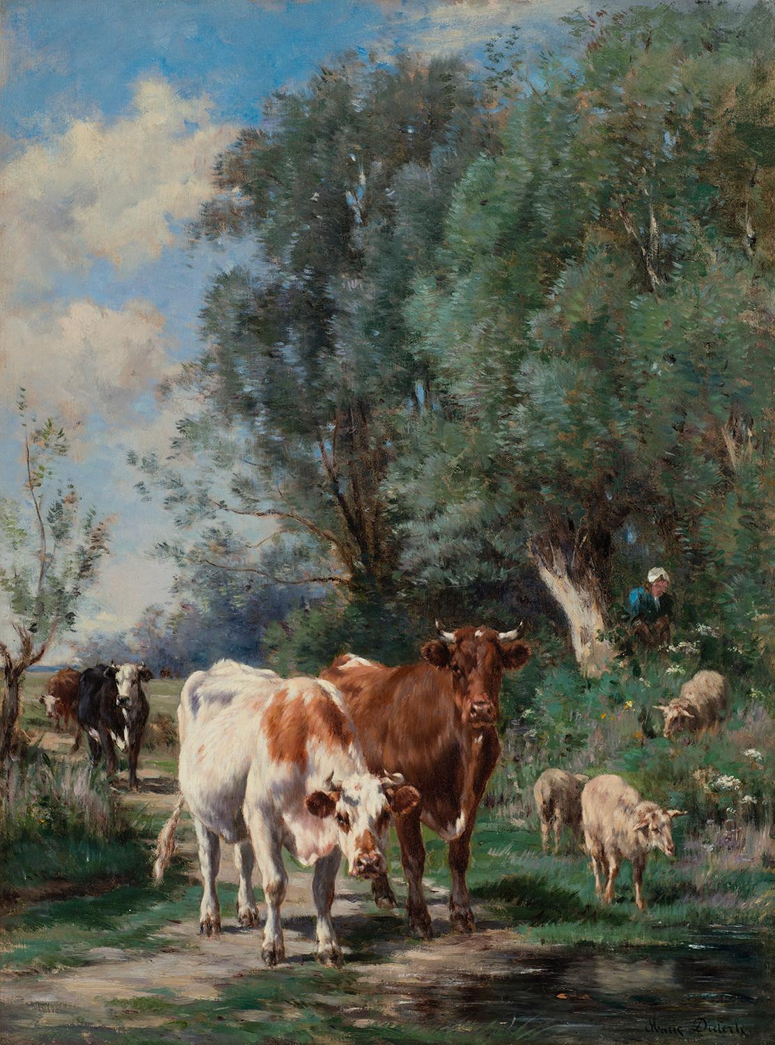 Marie Dieterle Landscape Painting - Vaches et les moutons par l'eau