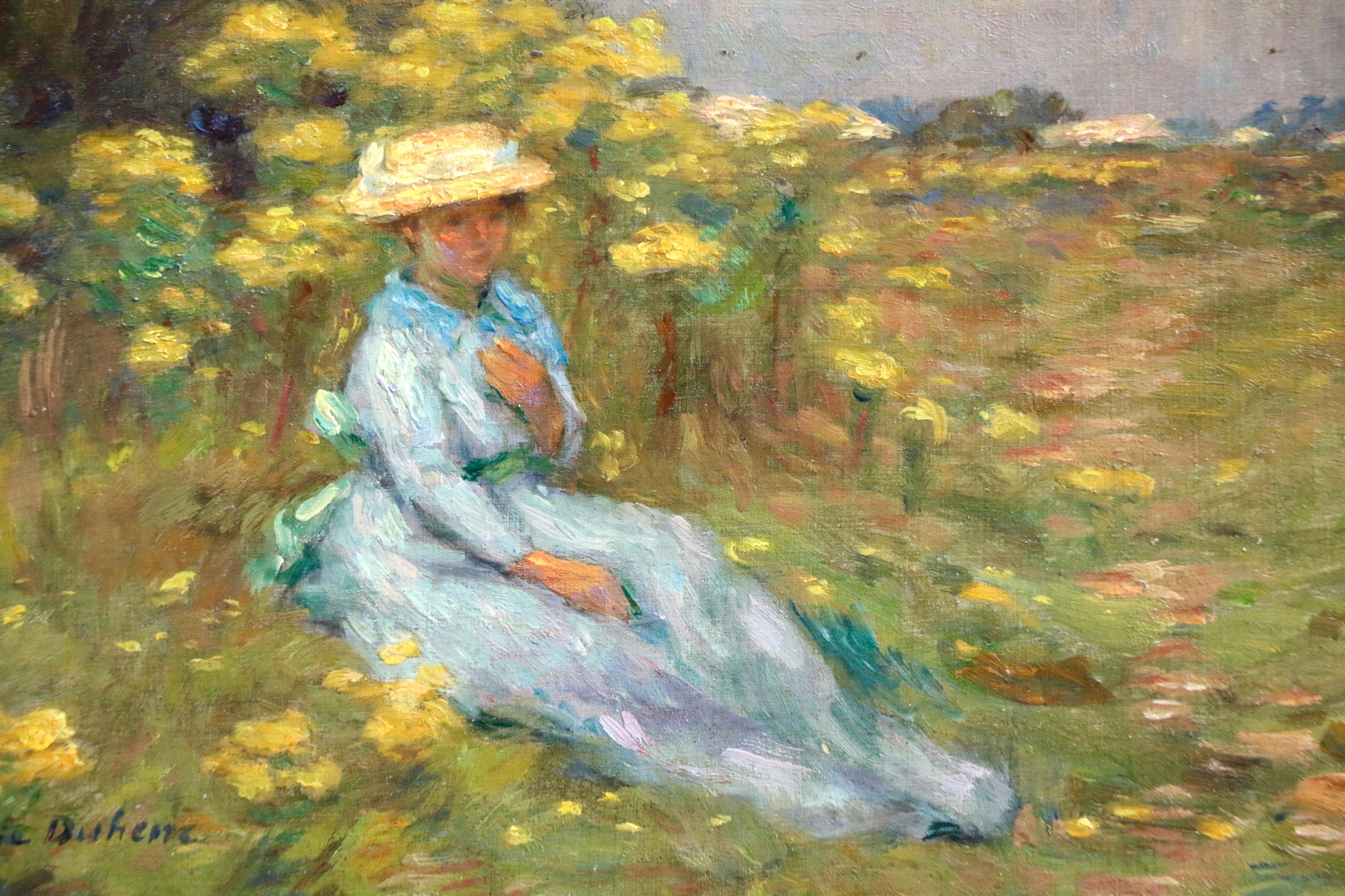 Un jour d'été - Huile du 19e siècle, Figure de femme élégante dans un paysage par M. Duhem - Painting de Marie Duhem