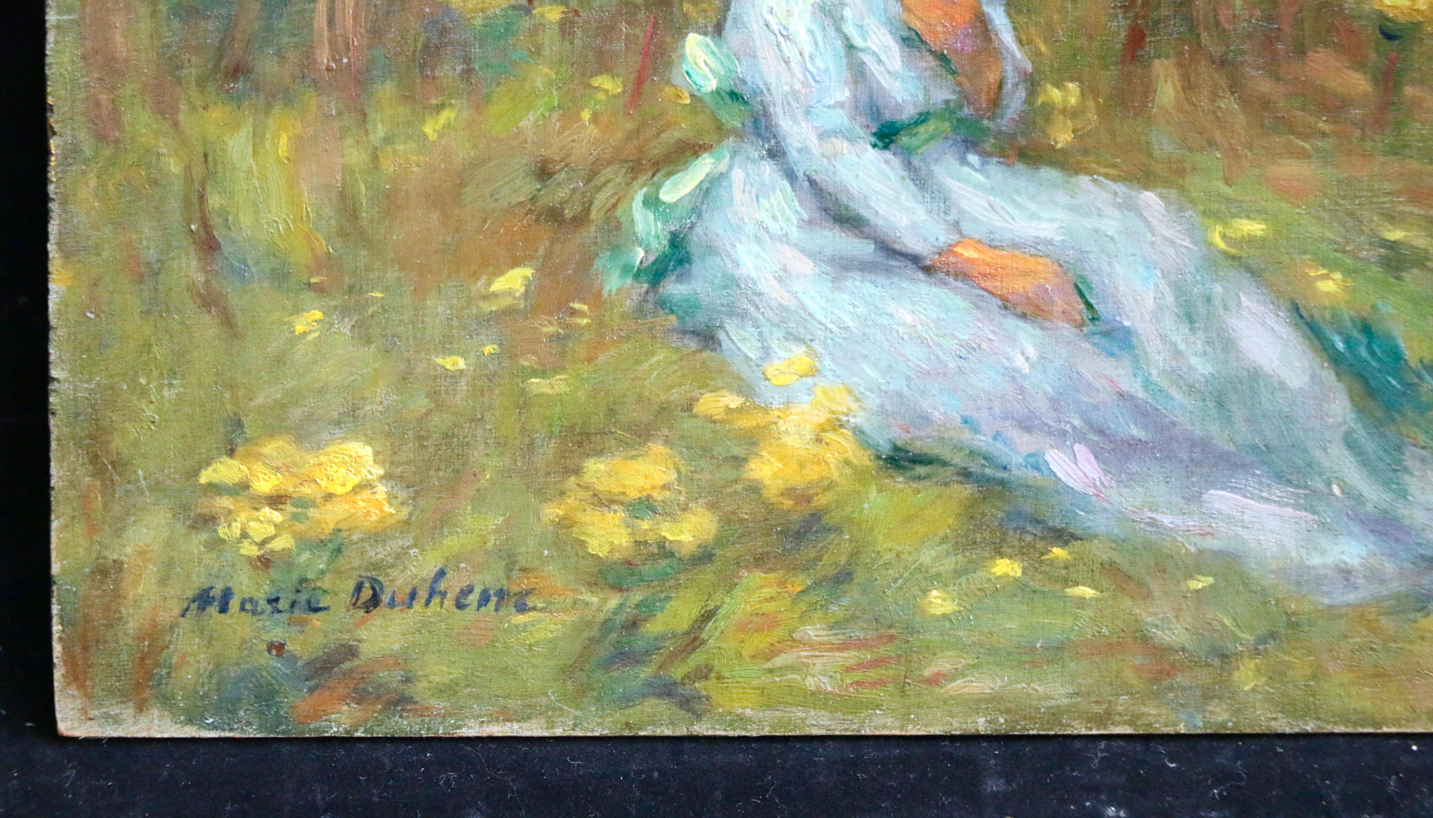 Un jour d'été - Huile du 19e siècle, Figure de femme élégante dans un paysage par M. Duhem - Impressionnisme Painting par Marie Duhem