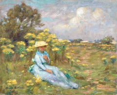 Un jour d'été - Huile du 19e siècle, Figure de femme élégante dans un paysage par M. Duhem