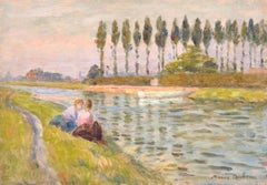 Au bord de la Rivière - Printemps - 19th Century Oil, Landscape by Marie Duhem 