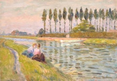 Au bord de la Rivière - Printemps - 19th Century Oil, Landscape by Marie Duhem