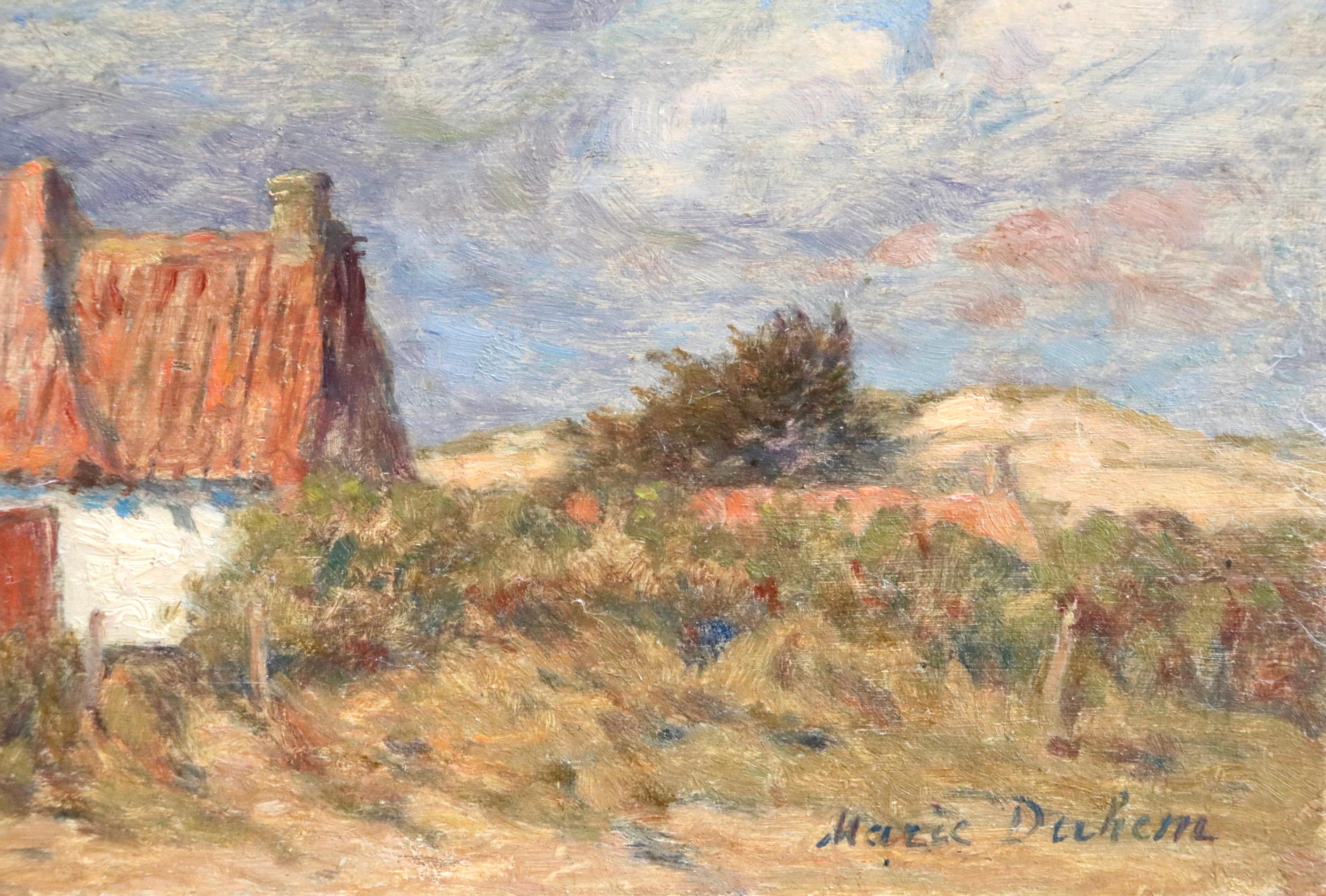 A beautifully painted oil on panel circa 1905 by French impressionist painter Marie Duhem. The work depicts a white cottage with red roof tiles in a rural landscape. Clouds roll through the blue skies overhead. 

Signature:
Signed lower right