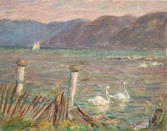 Cygnes sur le Lac - 19th Century Oil, Swans on Lake Landscape by Marie Duhem