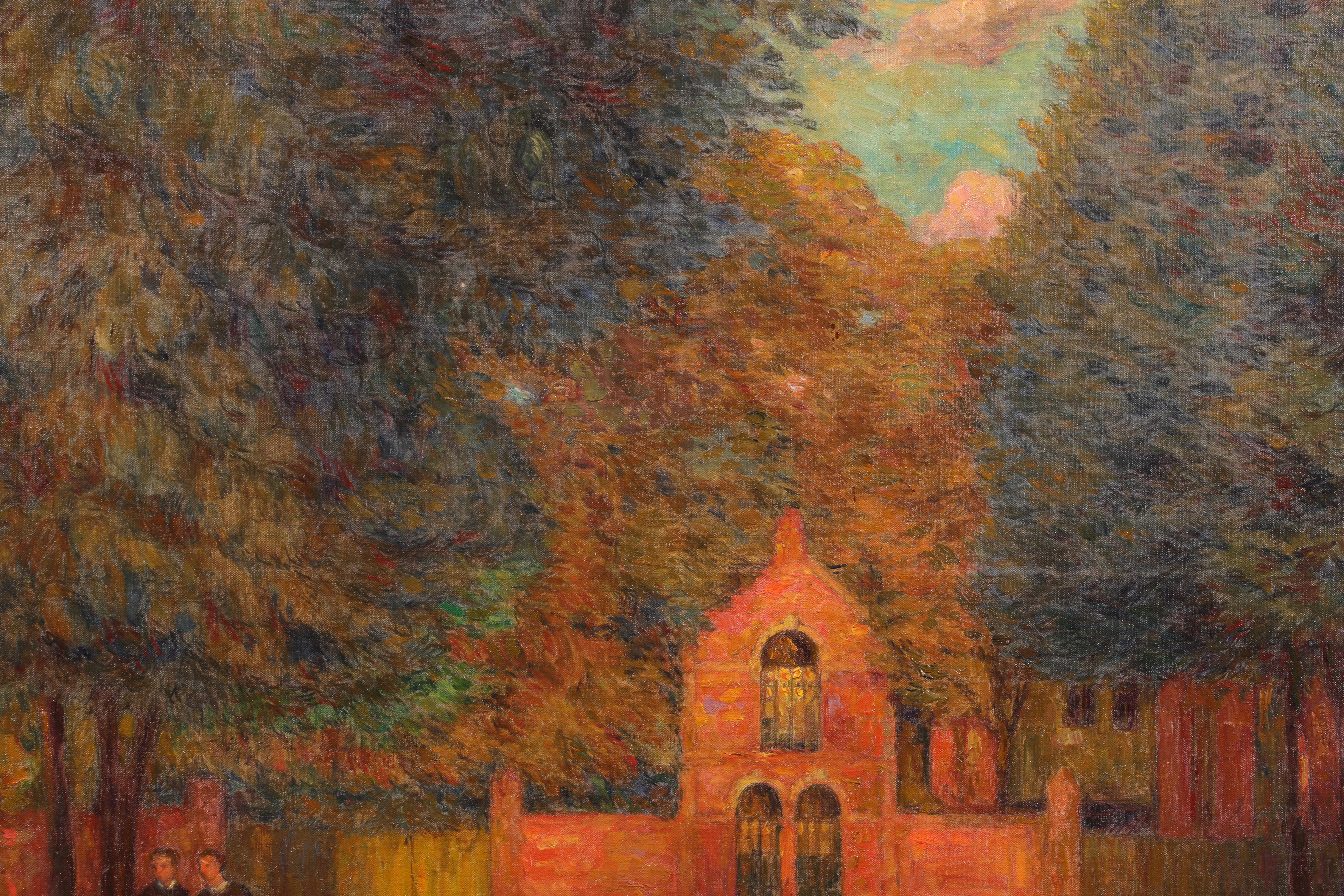 Signed impressionist landscape oil on original canvas circa 1920 by French painter Marie Duhem. The work depicts a view of a red-bricked church at the end of a tree-lined driveway. To the left of the painting a woman in a pink dress is seated under