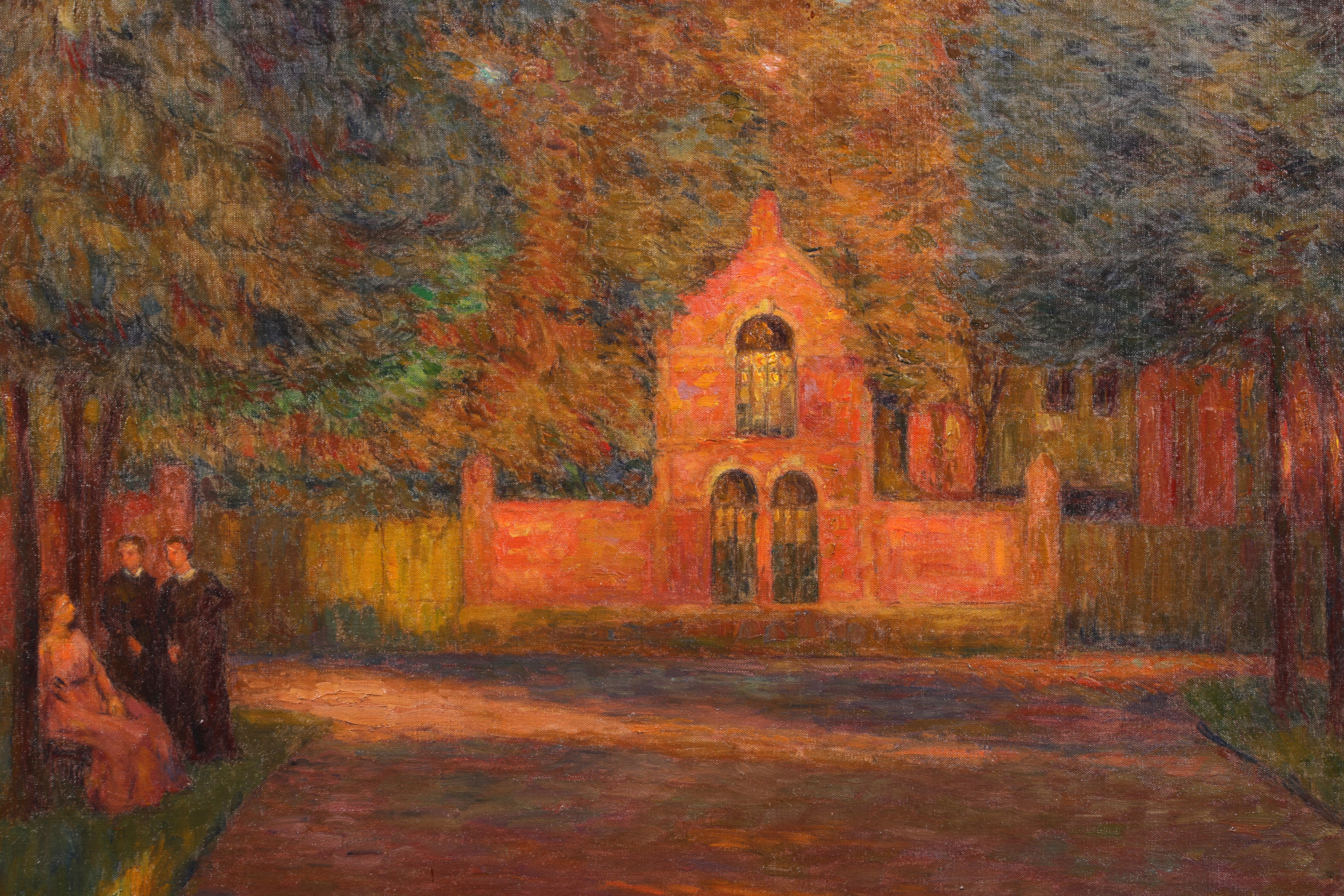 Douai - Crepescule - Impressionist Oil, Figures in Landscape by Marie Duhem For Sale 1
