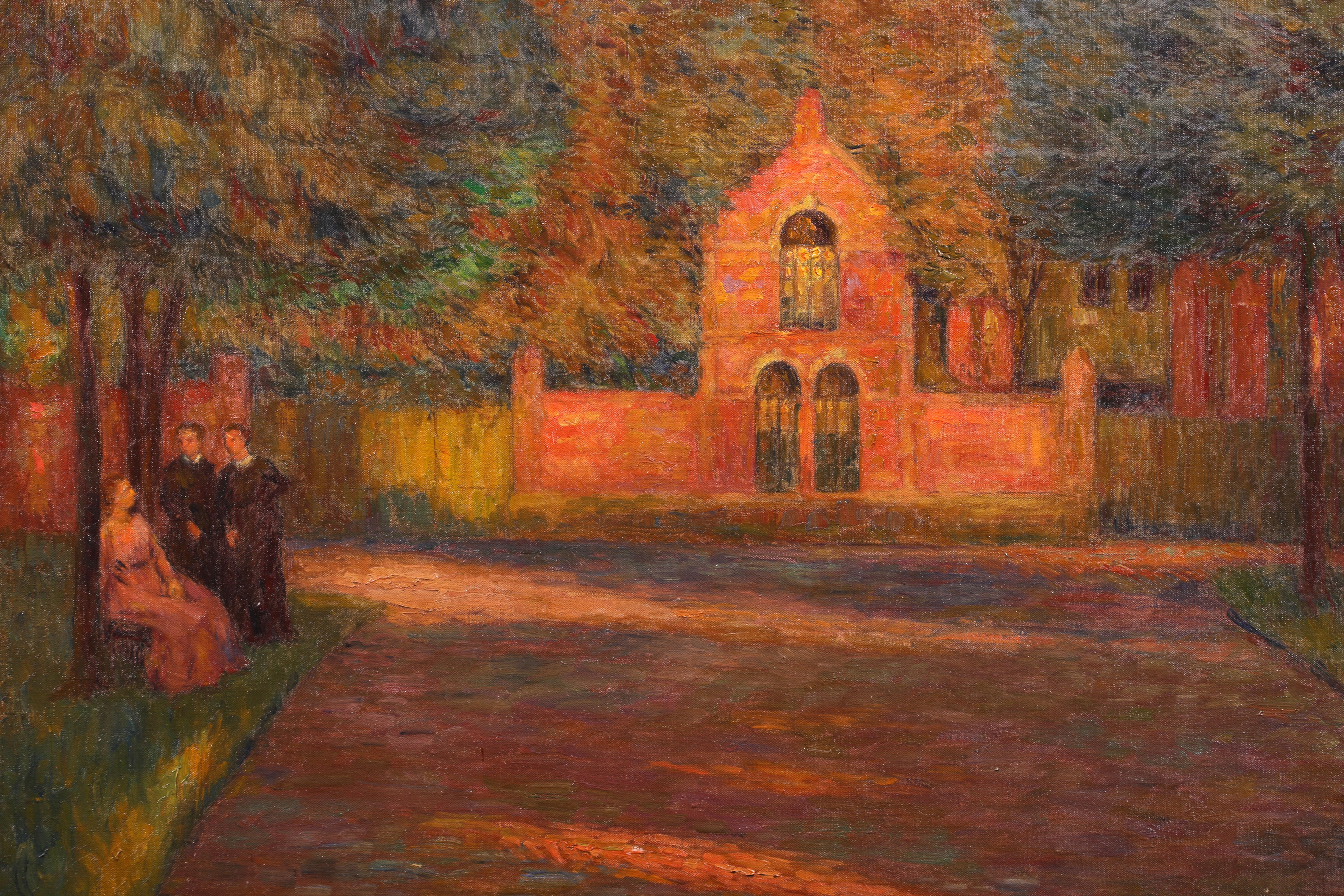 Douai - Crepescule - Impressionist Oil, Figures in Landscape by Marie Duhem For Sale 2