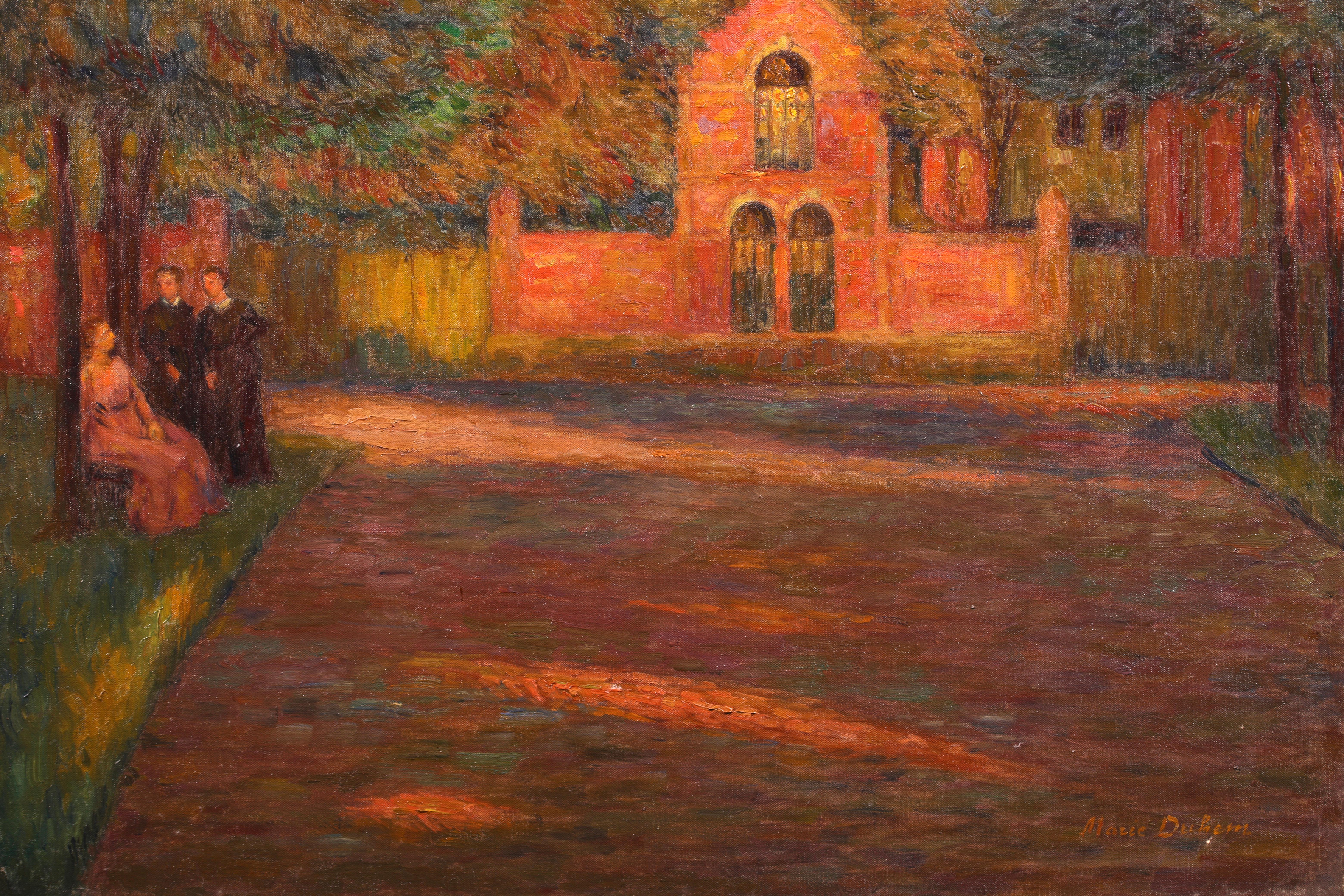 Douai - Crepescule - Impressionist Oil, Figures in Landscape by Marie Duhem For Sale 3