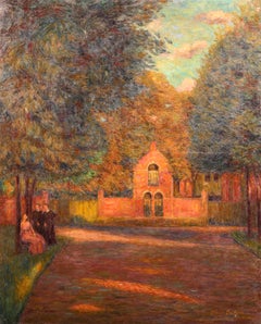 Douai - Crepescule - Impressionist Oil, Figures in Landscape by Marie Duhem