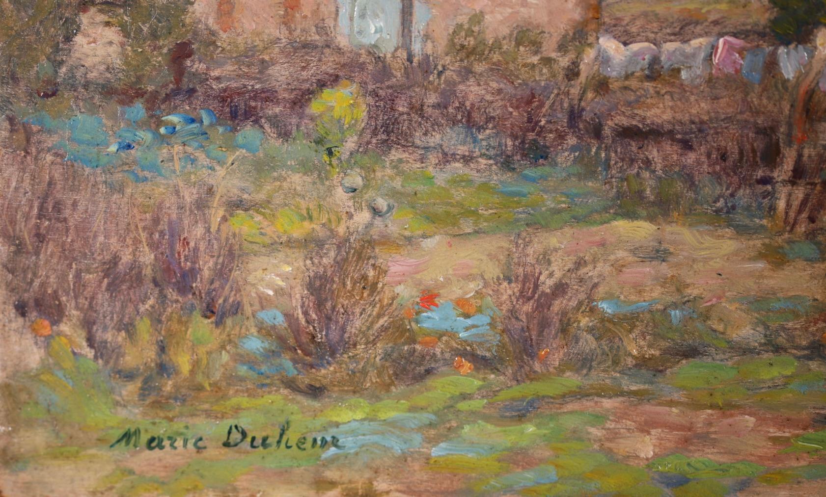 A charming oil on panel circa 1905 by French impressionist painter Marie Duhem. The work depicts a small cottage in a rural landscape with sheets drying on the washing line. A beautifully brushed piece. 

Signature:
Signed lower