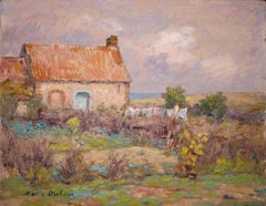 Drying Washing - French Impressionist Oil, Cottage in Landscape by Marie Duhem