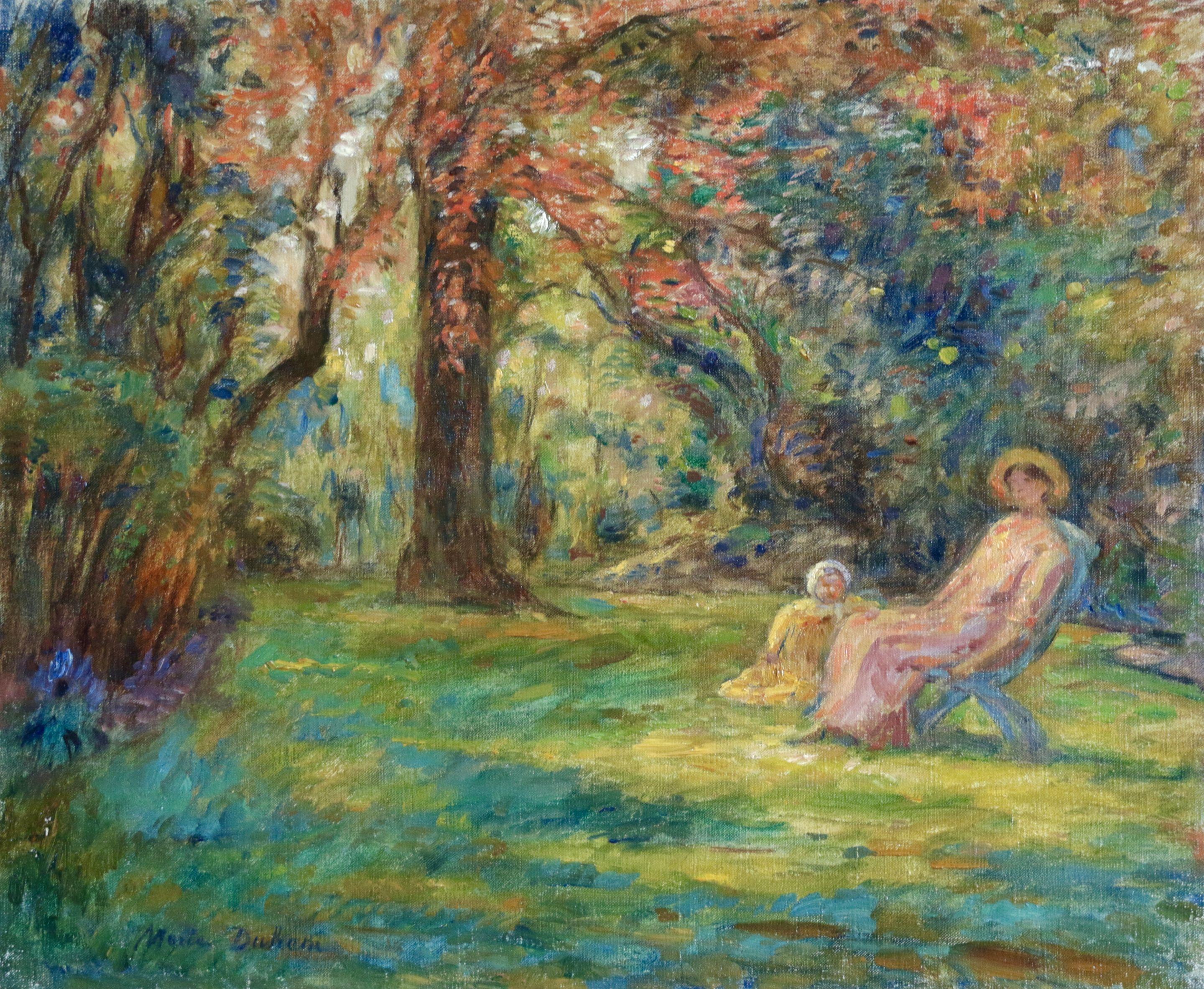 Marie Duhem Figurative Painting - "Famille dans le Jardin" Duhem 19th Century French Impressionist Green Garden