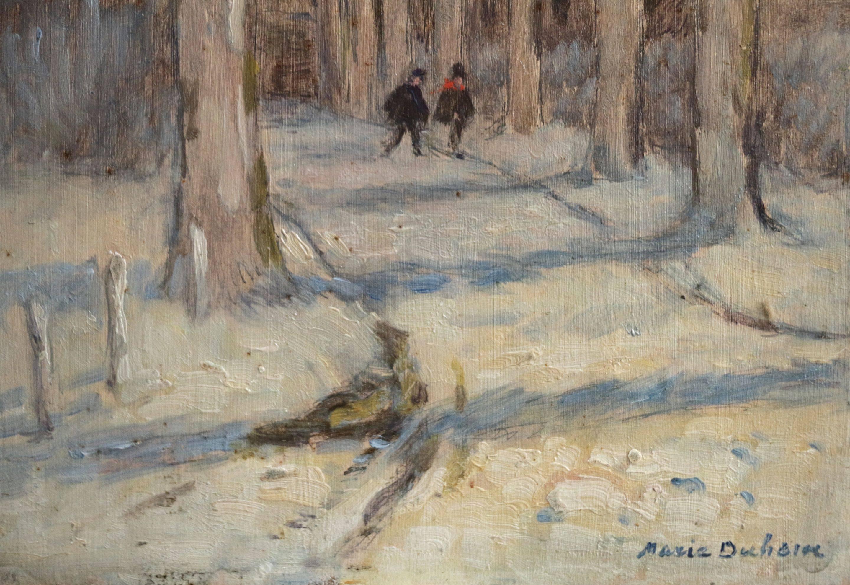 Figures on a Road in Winter - Impressionist Painting by Marie Duhem