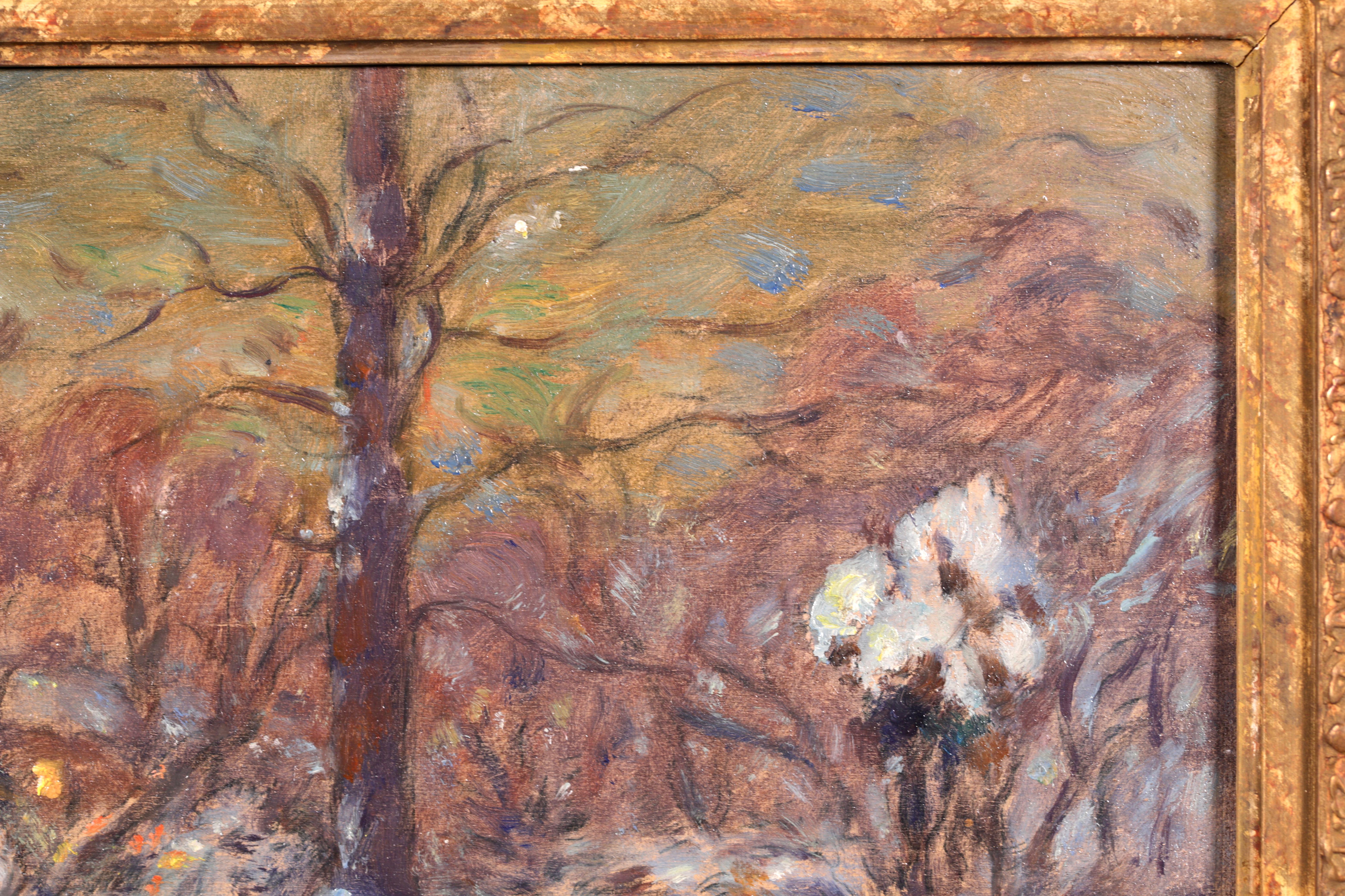 Oil on panel circa 1910 by French Impressionist painter Marie Duhem. The work depicts a garden under a blanket of snow. The use of colour - particularly whites and yellows - to demonstrate the last light reflecting off the snow is beautiful.