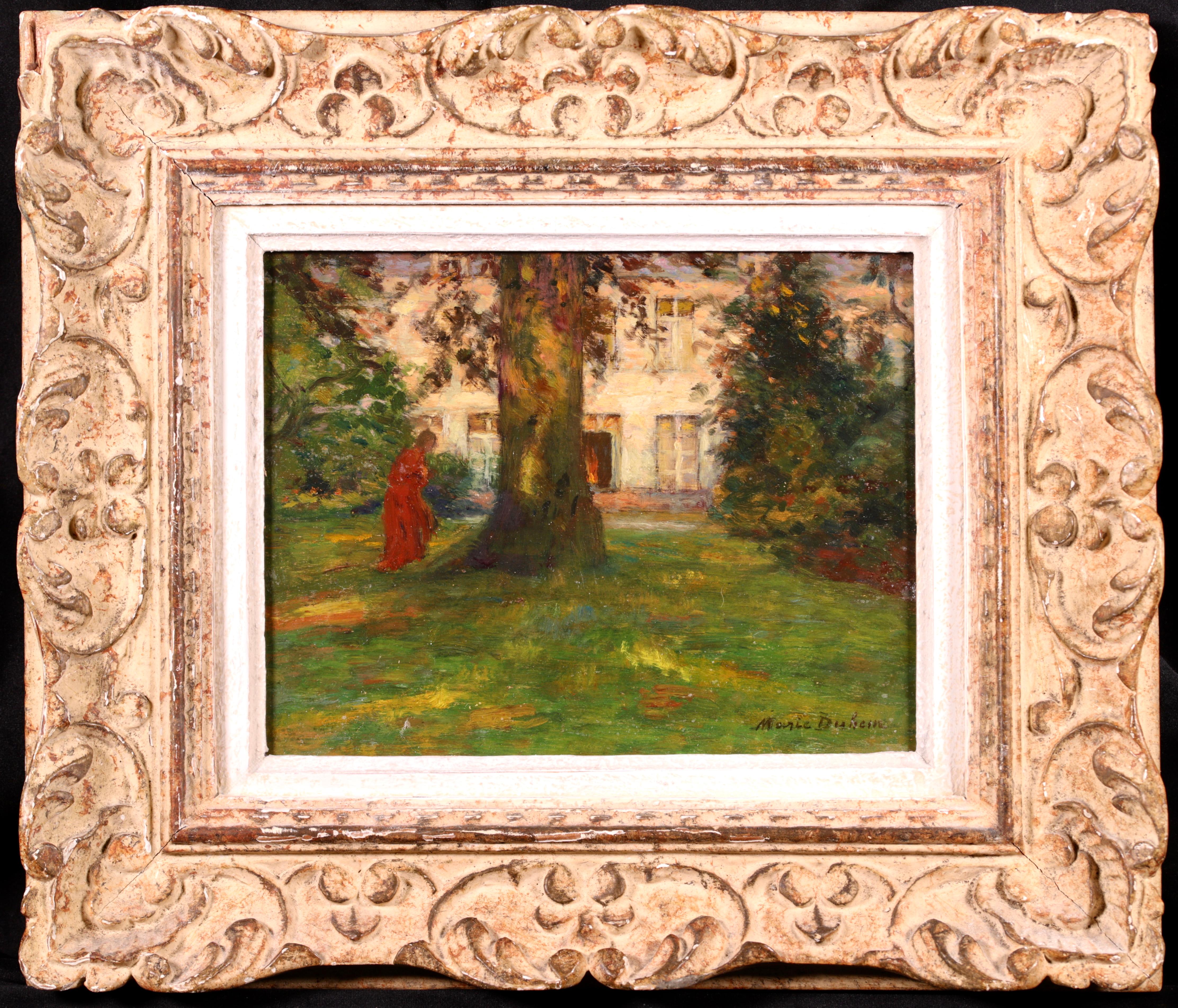 Oil on panel dated 1906 by French Impressionist painter Marie Duhem. The piece depicts a woman in a red dress standing in the shade of a tree in a garden on a sunny day. There is a view of the artist's white house behind the tree.

Signature:
Signed