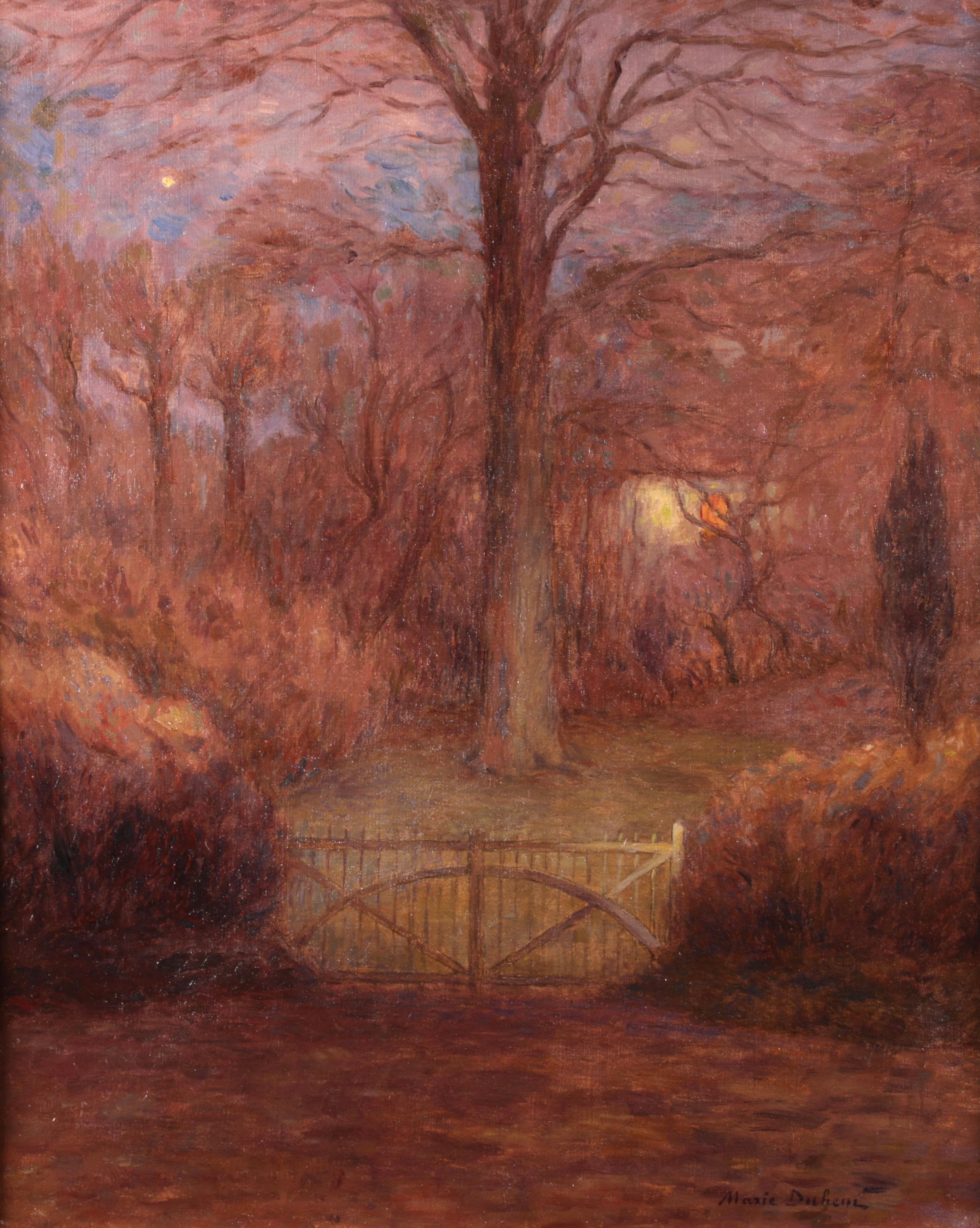 Jardin eclaire par la lune - Impressionistisches Öl, Nachtlandschaft von Marie Duhem im Angebot 1