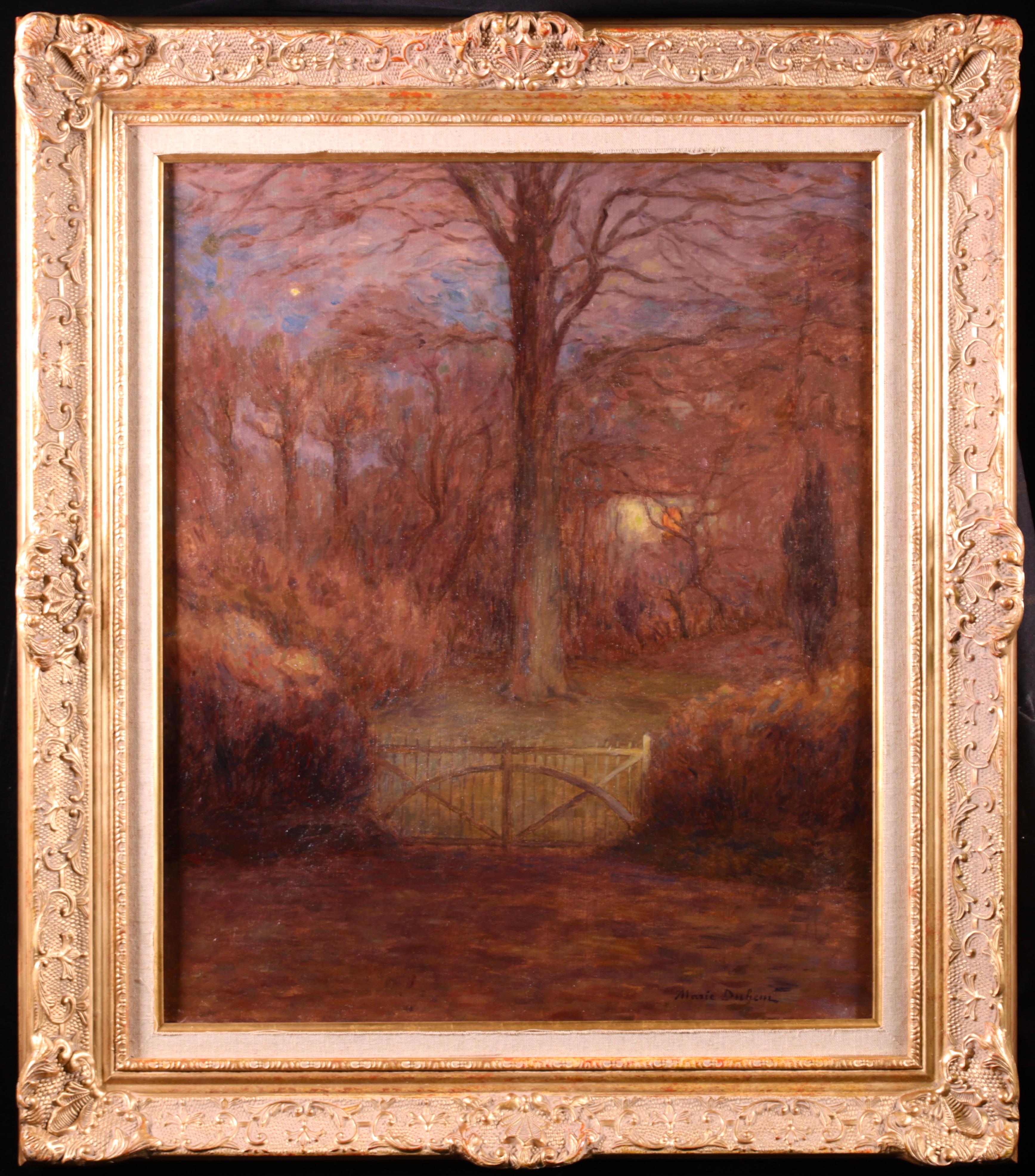 Signiert und betitelt Öl auf Leinwand Landschaft circa 1910 von Französisch Impressionist Maler Marie Duhem. Das Werk zeigt einen eingezäunten Garten, der von Büschen und Bäumen umgeben ist und in dessen Mitte ein hoher Baum steht. Am dunkelblauen