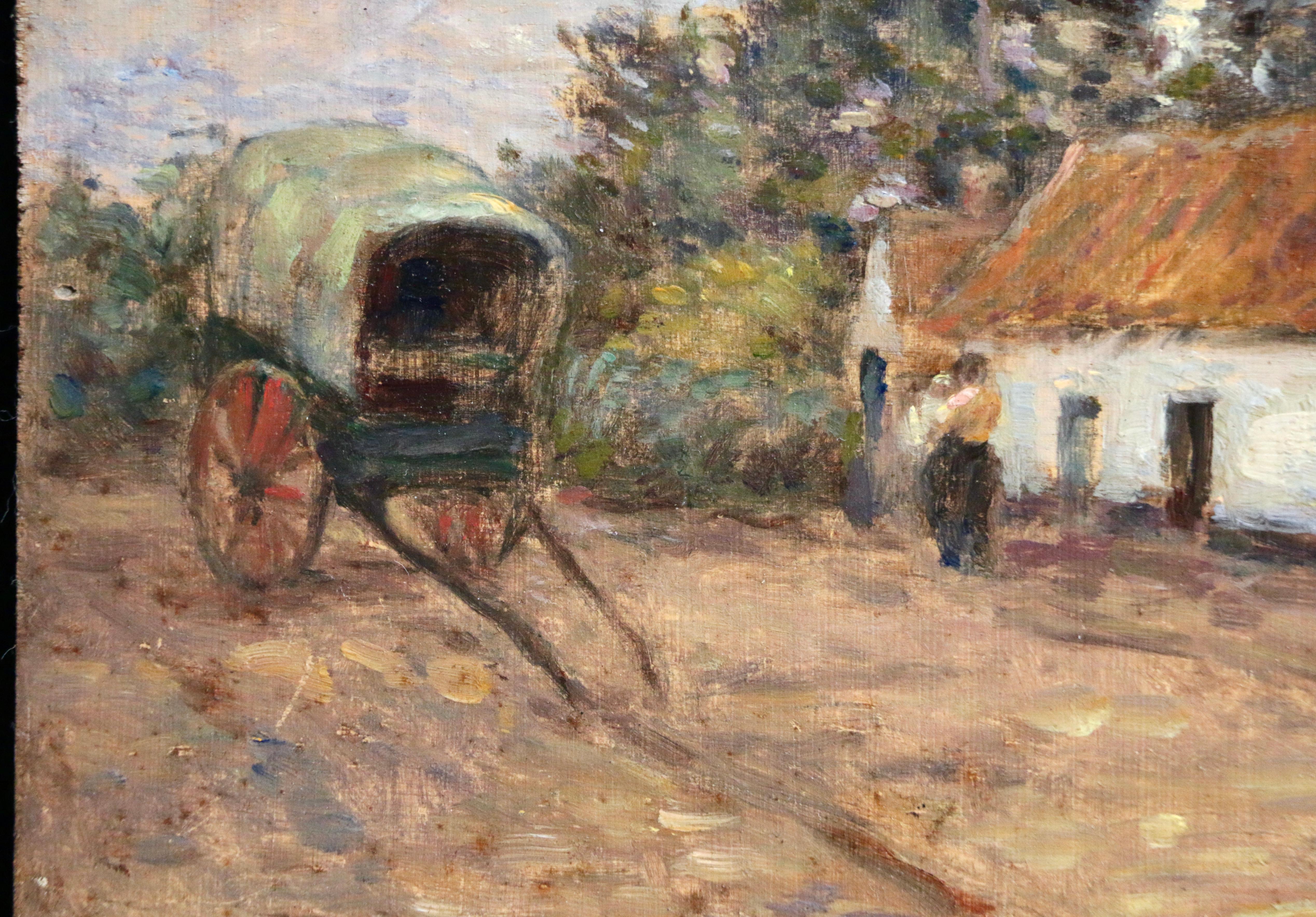A wonderful oil on panel circa 1905 by French impressionist painter Marie Duhem. The work depicts a mother holding her baby outside a white farm house. Beside them is a traditional cart. 

Signature:
Signed lower left 

Dimensions:
Unframed: