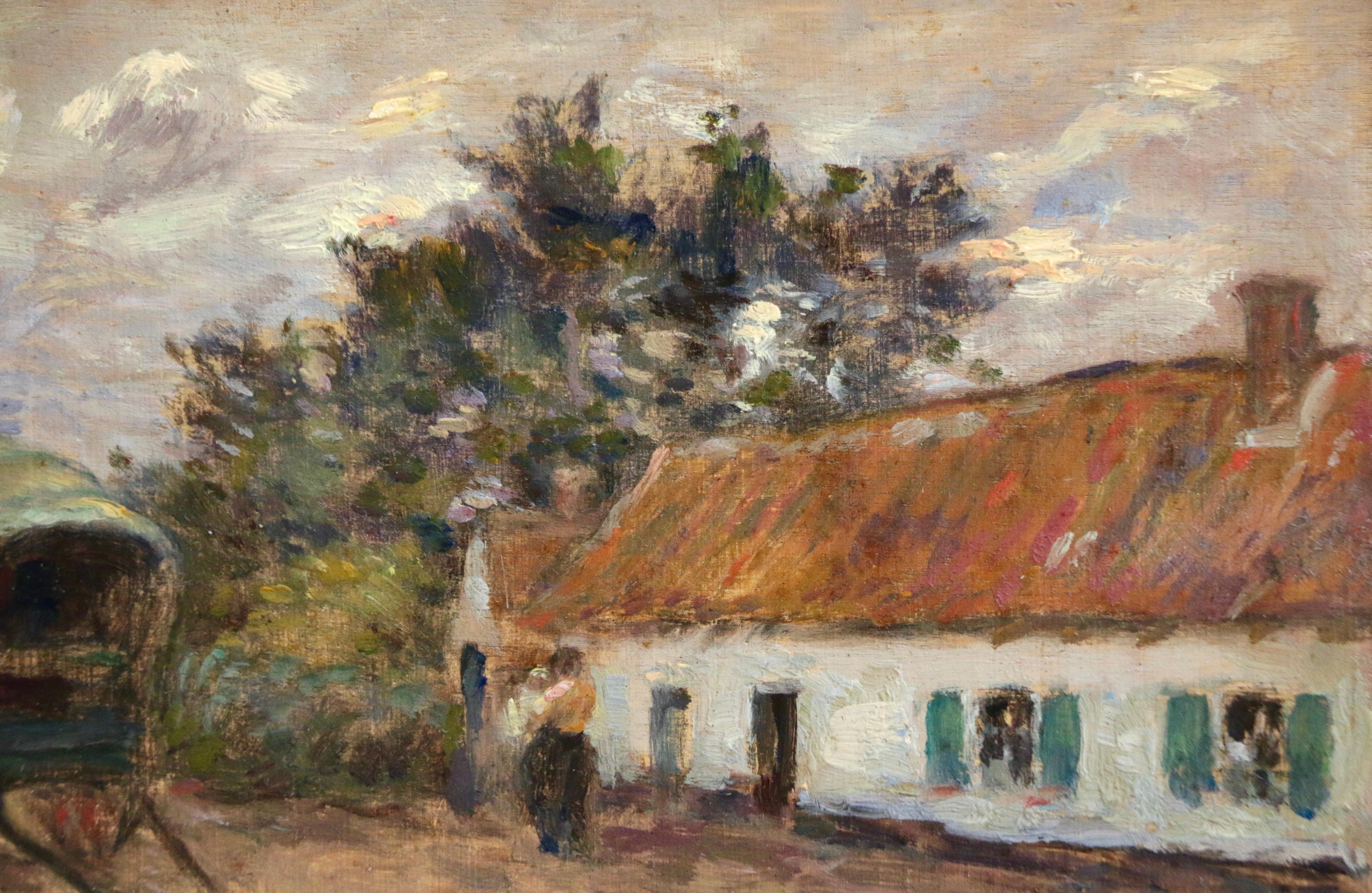 La Ferme - French Impressionist Oil, Figure in Farm Landscape by Marie Duhem 1