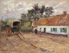 La Ferme - Französisches impressionistisches Ölgemälde, Figur in Bauernlandschaft von Marie Duhem