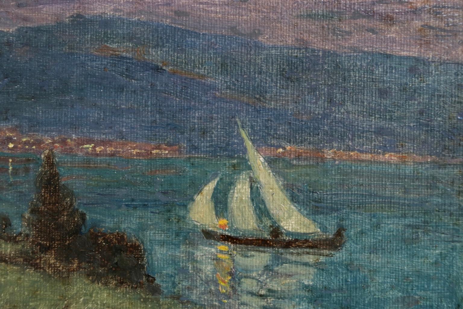 Lac Montreux - Moonlight - Impressionist Oil, Boat on Lake Landscape by M Duhem - Painting by Marie Duhem