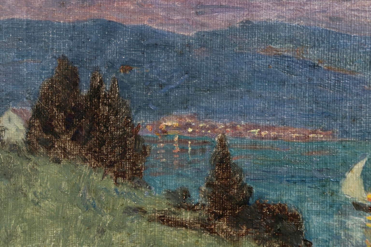 Lac Montreux - Moonlight - Impressionist Oil, Boat on Lake Landscape by M Duhem - Gray Landscape Painting by Marie Duhem