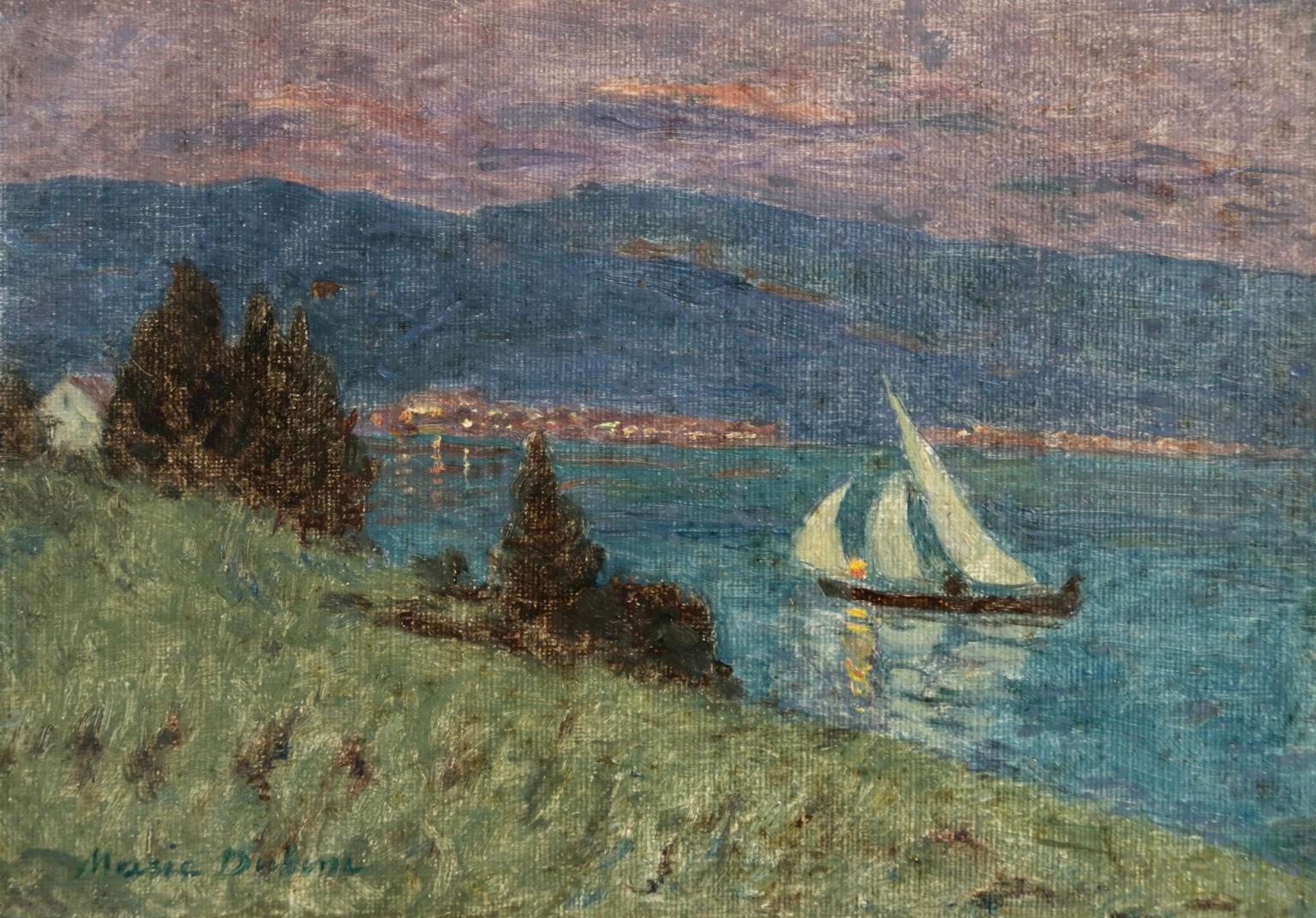 Marie Duhem Landscape Painting - Lac Montreux - Moonlight - Impressionist Oil, Boat on Lake Landscape by M Duhem