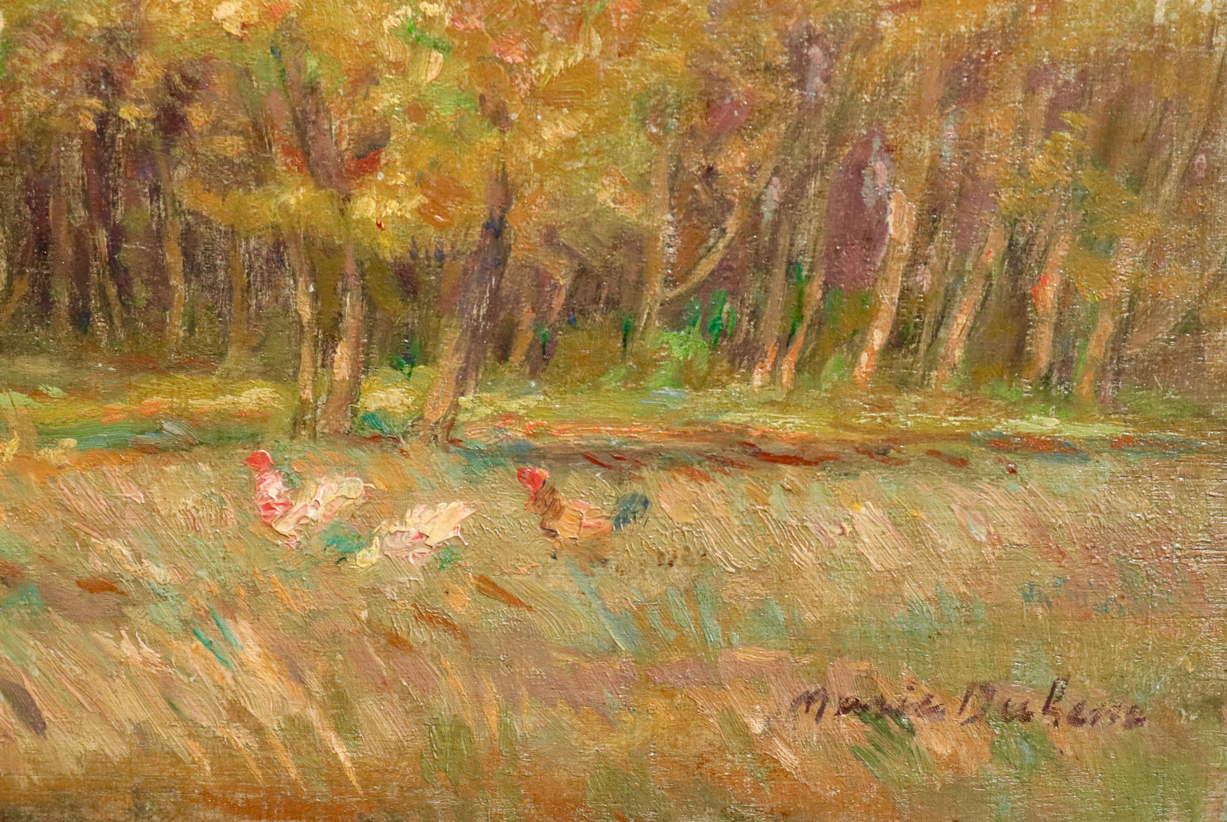 L'Automne - 19th Century Oil, Woman & Chickens Autumn Landscape by Marie Duhem 1