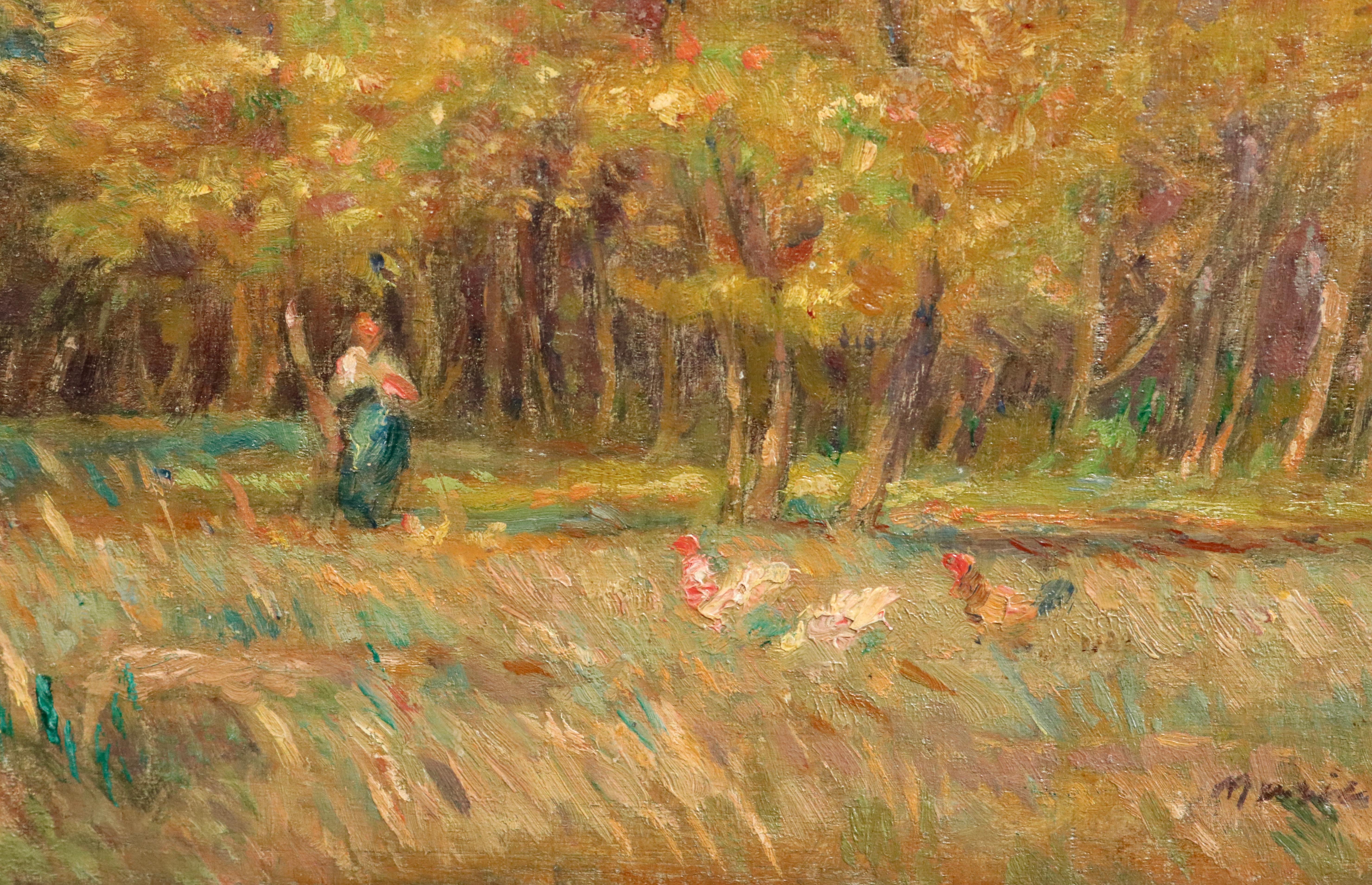 L'Automne - 19th Century Oil, Woman & Chickens Autumn Landscape by Marie Duhem 2
