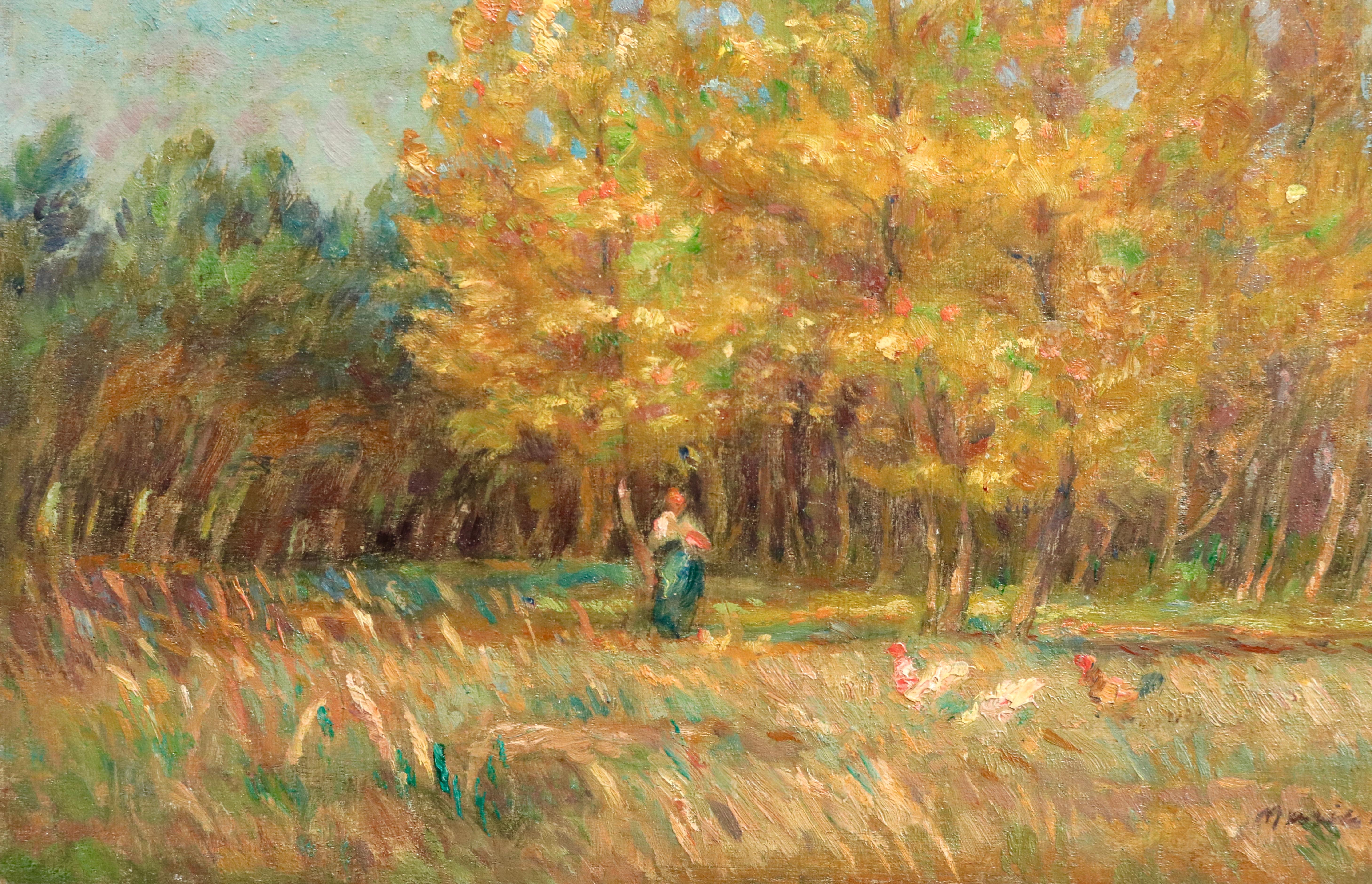 L'Automne - 19th Century Oil, Woman & Chickens Autumn Landscape by Marie Duhem 5