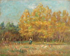 L'Automne - Huile du 19e siècle:: Femme & Poulets Paysage d'automne par Marie Duhem