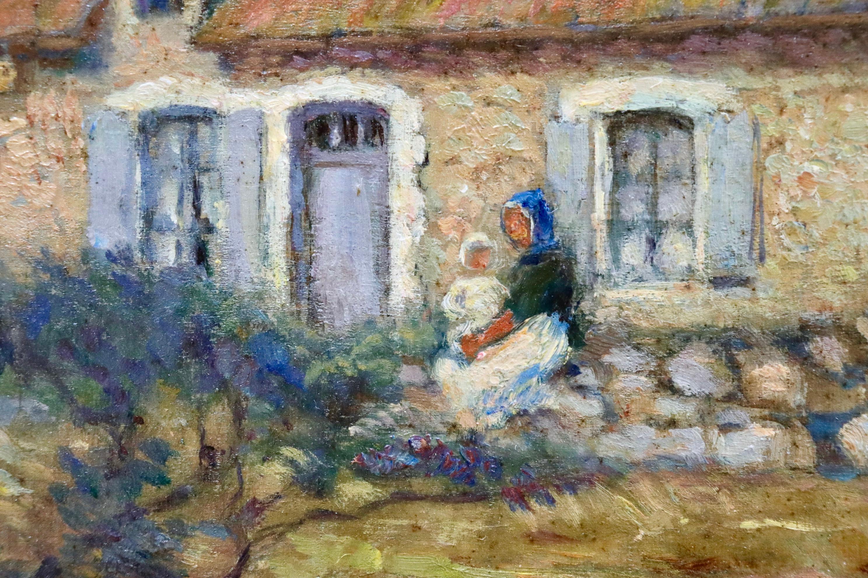Mother & Child by a Cottage - 19th Century Oil, Figures in Landscape by M Duhem - Impressionist Painting by Marie Duhem