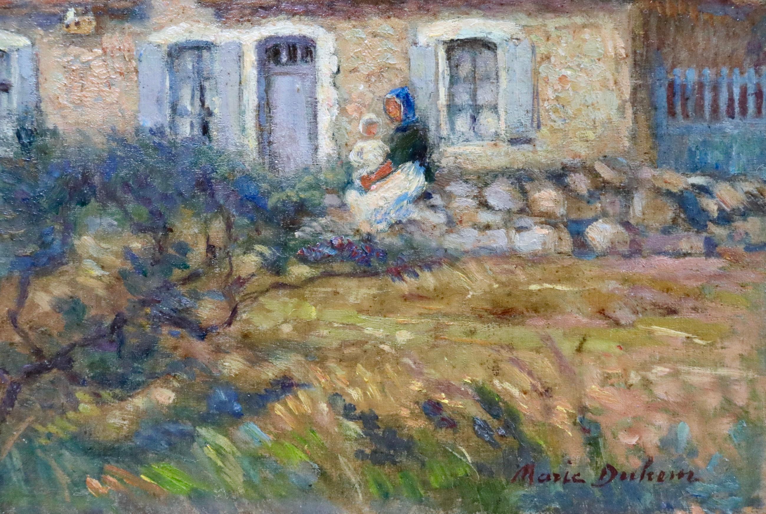 Mother & Child by a Cottage - 19th Century Oil, Figures in Landscape by M Duhem 1