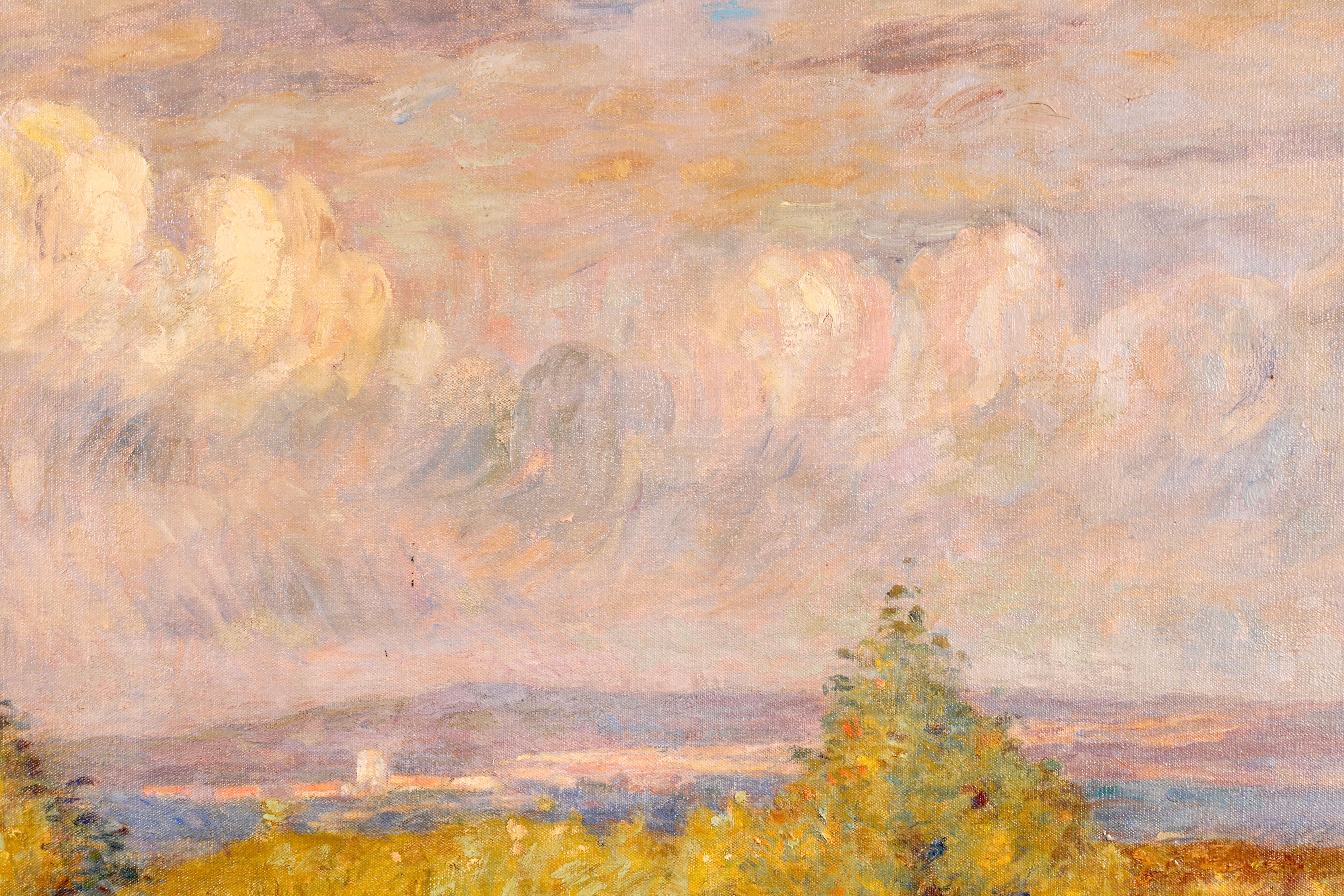 Paysage à l'huile sur toile signé et titré vers 1910 par la peintre impressionniste française Marie Duhem. L'œuvre représente une femme dans un jardin par une journée nuageuse, s'occupant d'un parterre rempli de fleurs rouges, roses, jaunes et