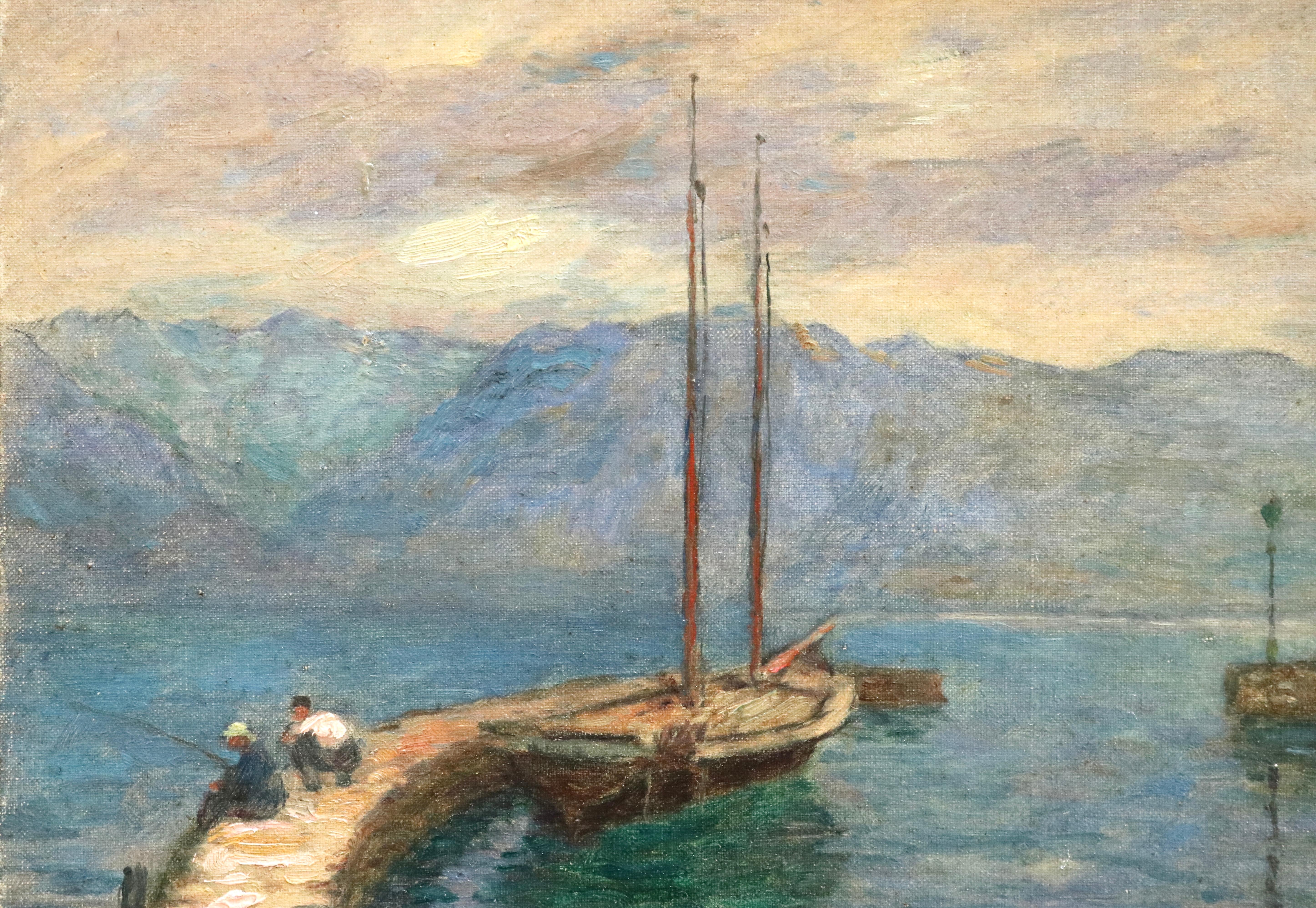 Oil on board circa 1911 by Marie Duhem of Lac Geneva, Montreux with two men fishing beside a boat and mountains in the distance. Signed lower right. This painting is not currently framed but a suitable frame can be sourced if required.

Marie Duhem,