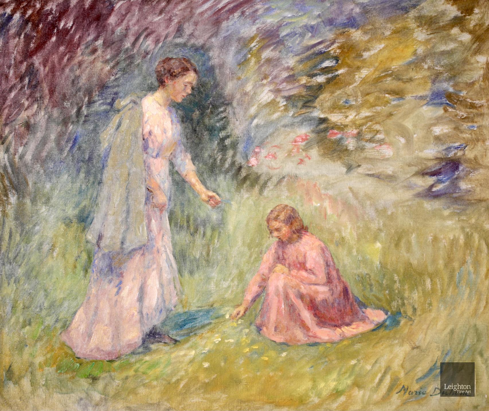 Picking Flowers - Huile impressionniste, Figures in Landscape de Marie Duhem 1
