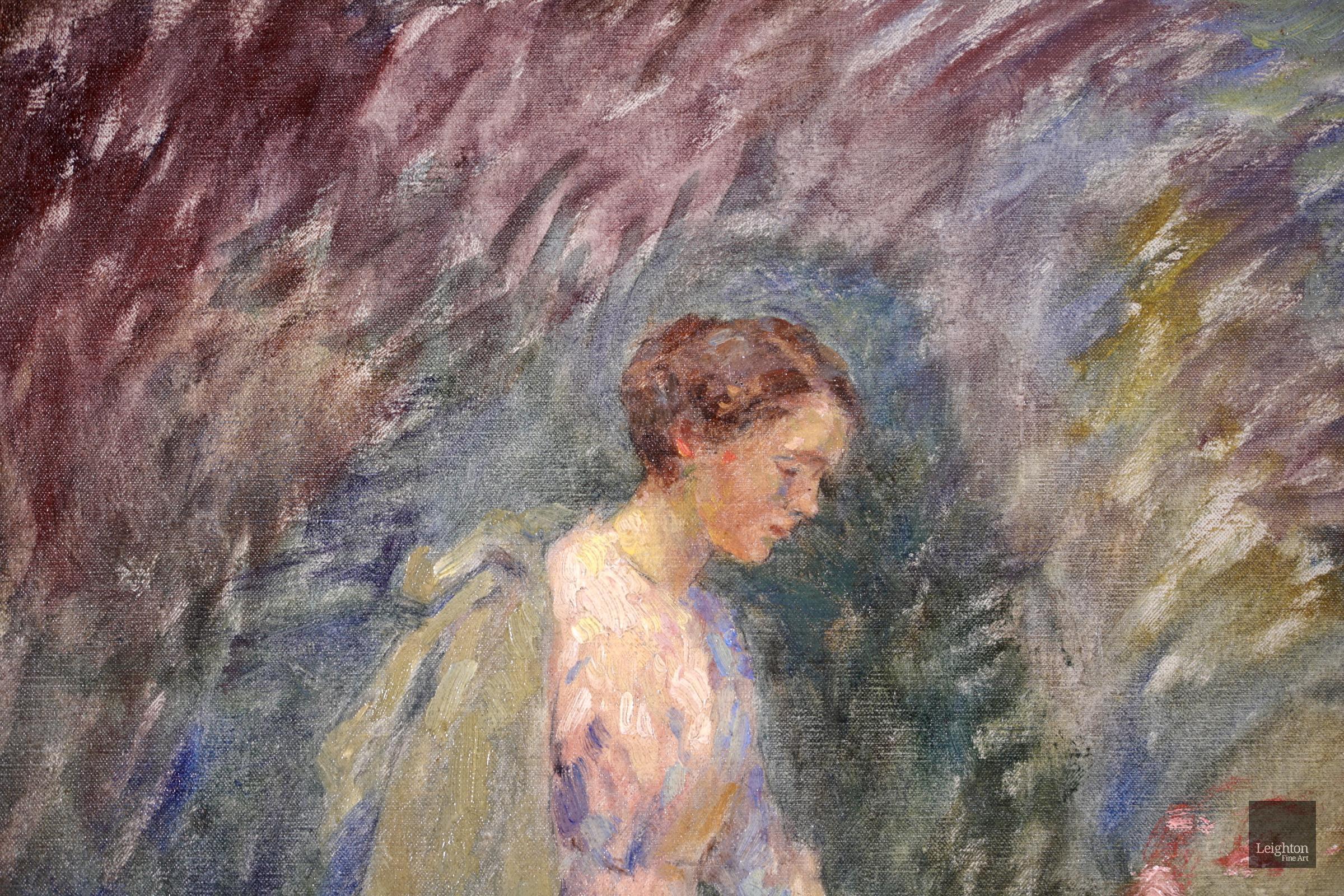 Stunning signed impressionist oil on original canvas dated 1920 by French painter Marie Duhem. The piece depicts a woman in a pale pink dress and a green jacket draped over her shoulders standing beside a young girl in a pink dress who is crouched