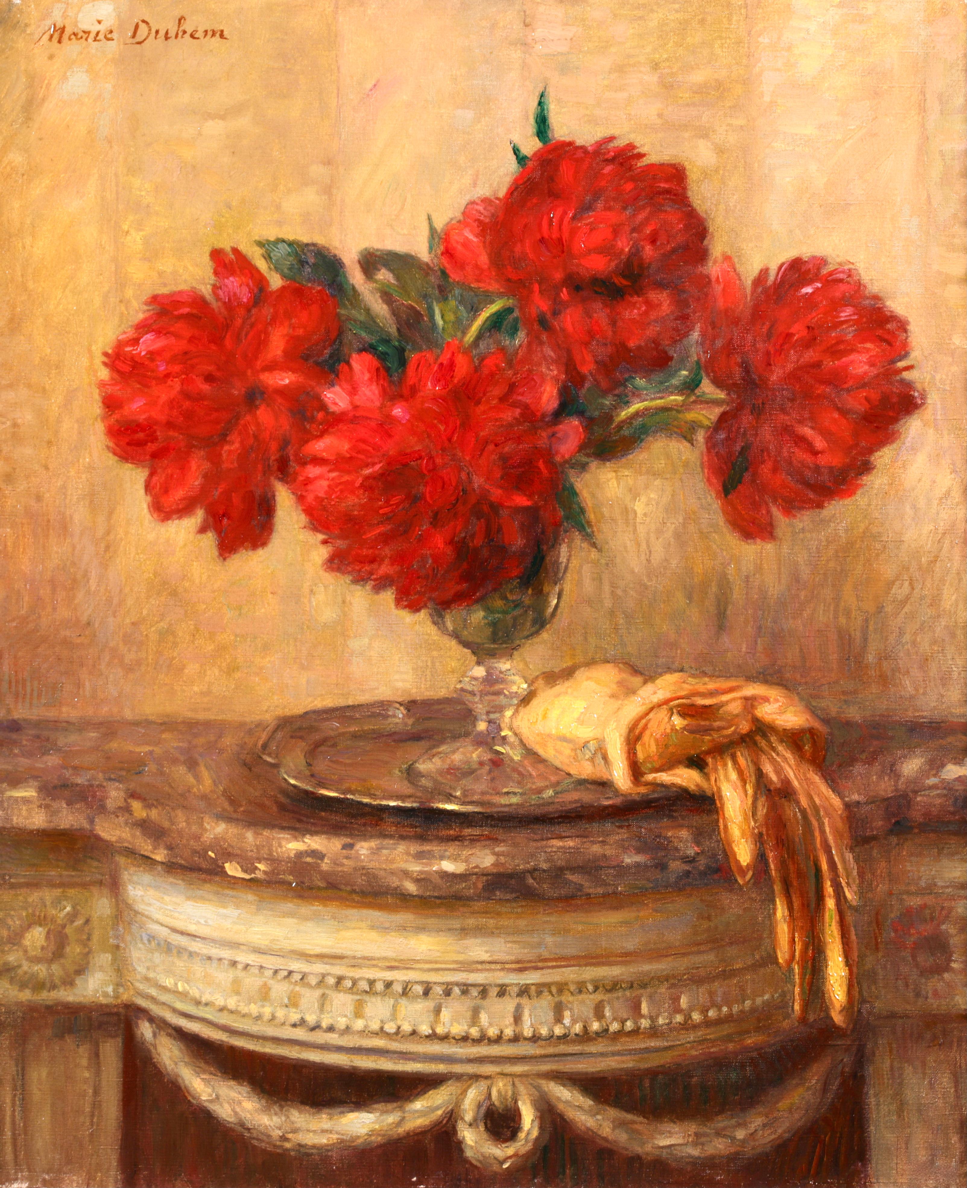 Piviones rouges et gants - Impressionist Oil, Still Life Flowers by Marie Duhem 1
