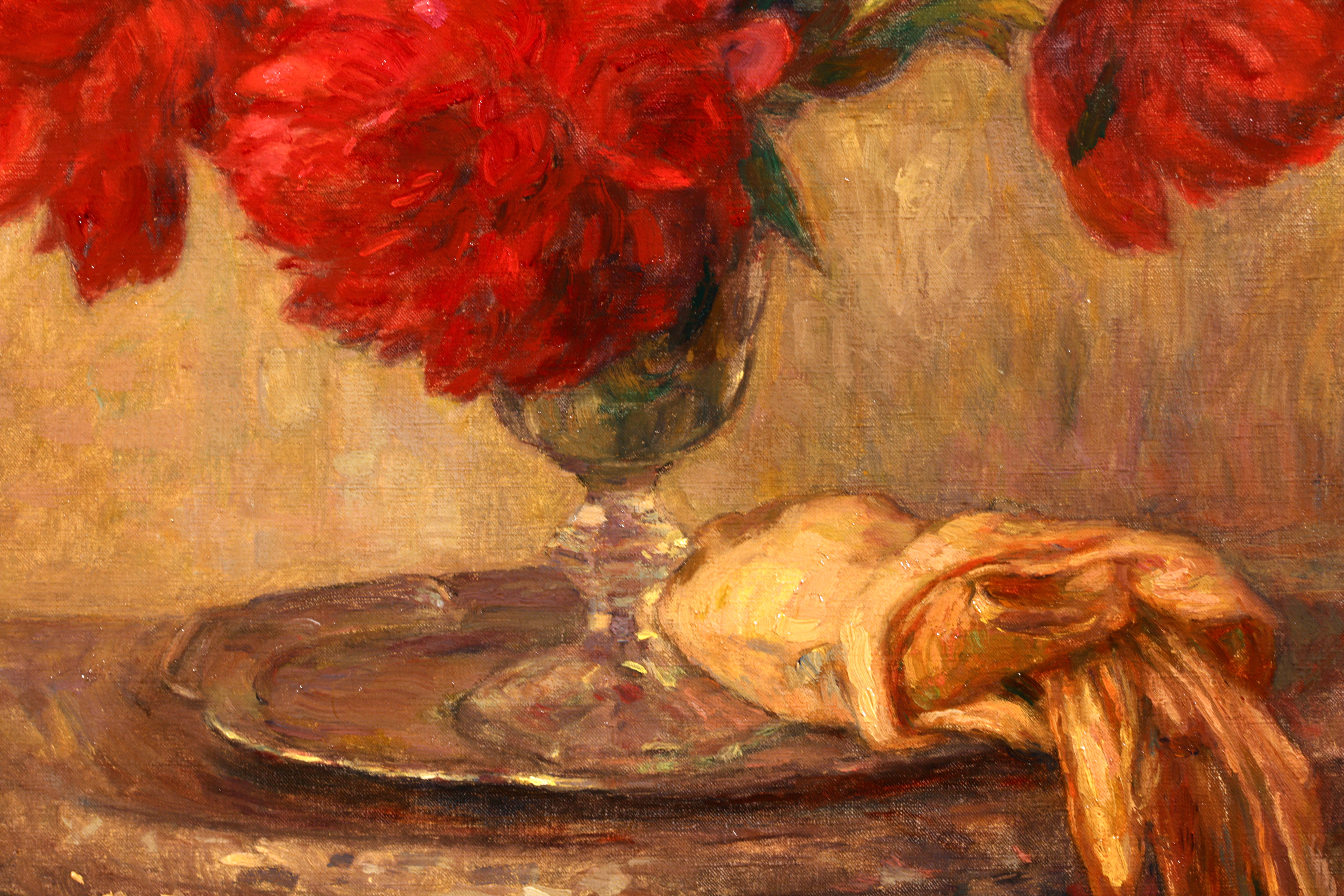 Piviones rouges et gants - Impressionist Oil, Still Life Flowers by Marie Duhem 4