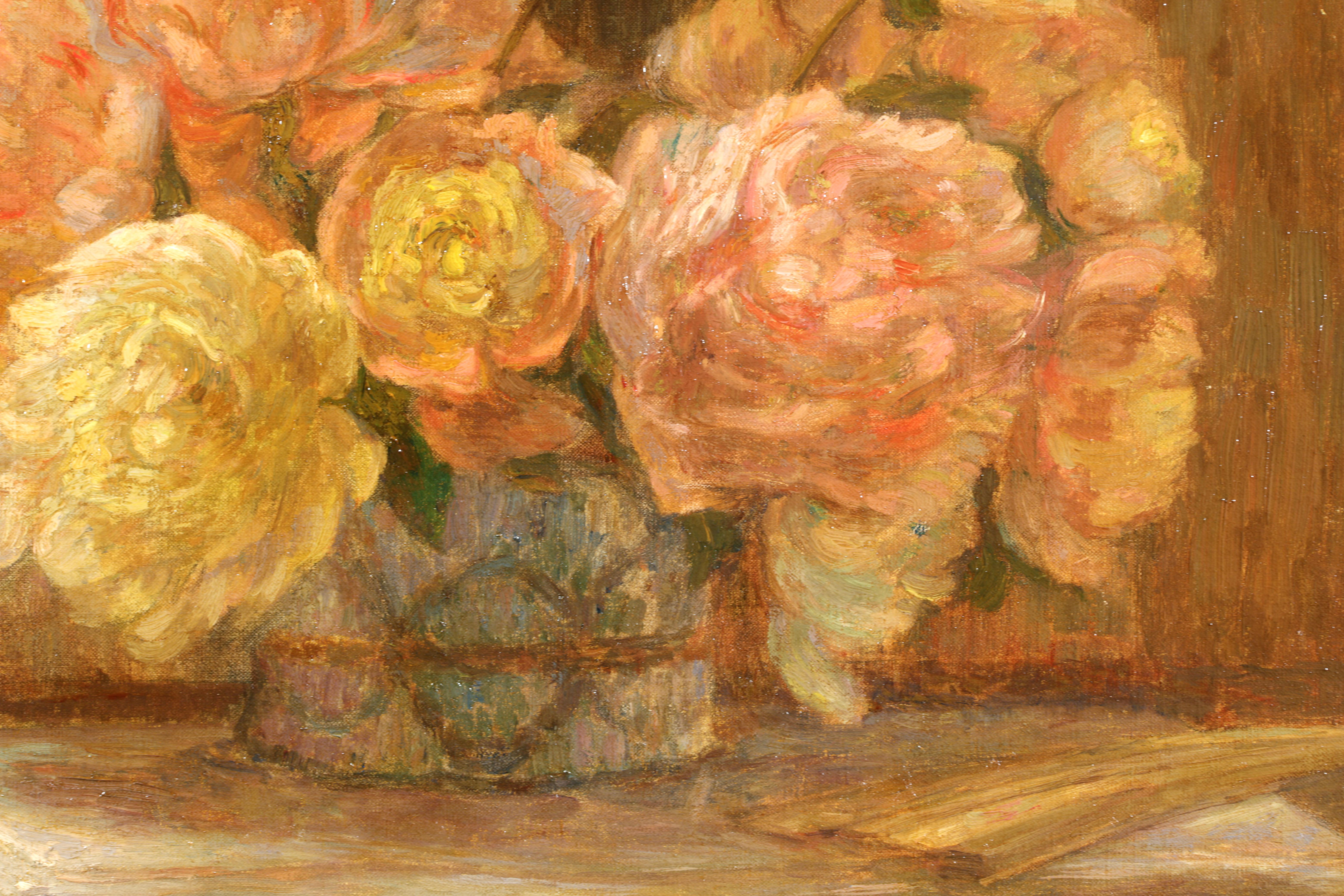 Signed still life oil on canvas circa 1910 by French impressionist painter Marie Duhem. This stunning piece depicts delicate pink and yellow peonies in a vase placed on an ornate marble-topped table with a fan resting beside them and a mirror