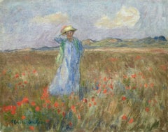 Poppyfields - 19th Century Oil, French, Figure in Landscape by Marie Duhem