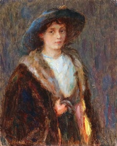 Portrait de Nelly - Huile du XIXe siècle:: Jeune fille en robe et chapeau par Marie Duhem