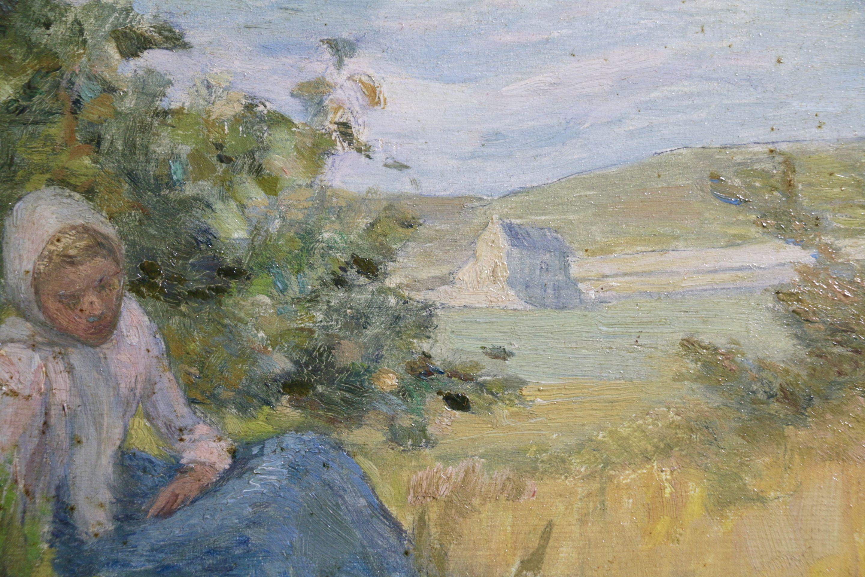 Repos - Huile du 19ème siècle, Femme assise dans un paysage d'été par Marie Duhem 1