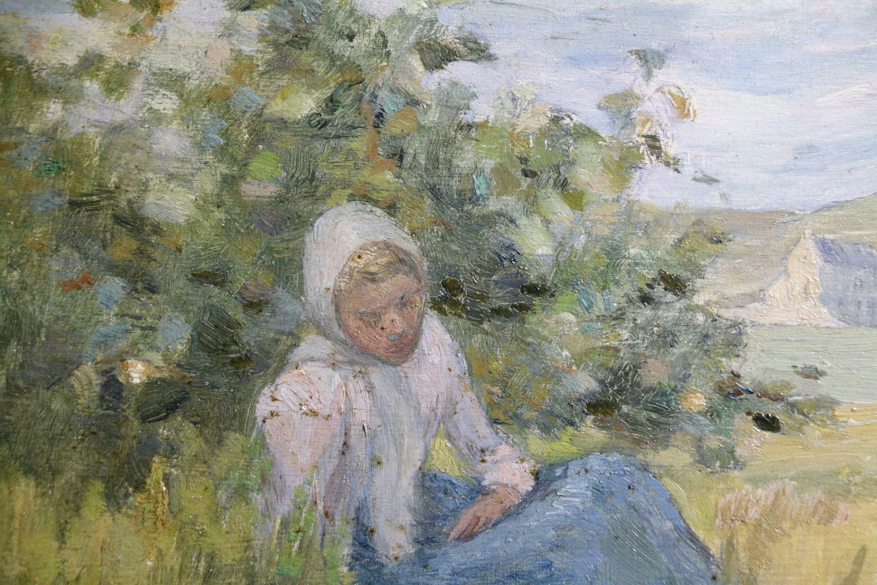 Repos - Huile du 19ème siècle, Femme assise dans un paysage d'été par Marie Duhem 2