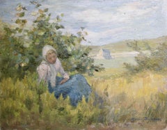 Repos - Huile du 19ème siècle, Femme assise dans un paysage d'été par Marie Duhem