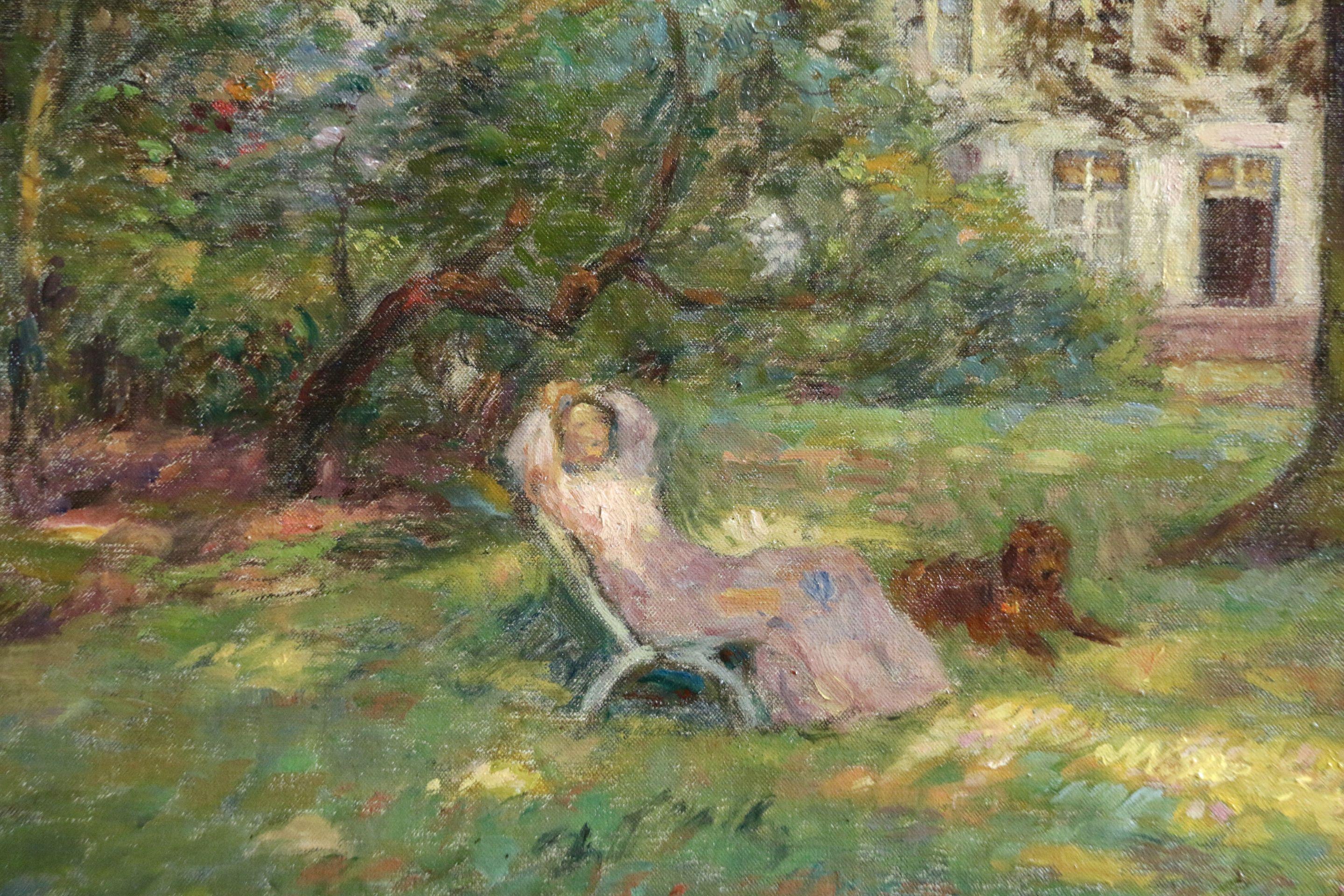 Resting - French Impressionist Oil, Figure & Dog in Garden Landscape Marie Duhem 1