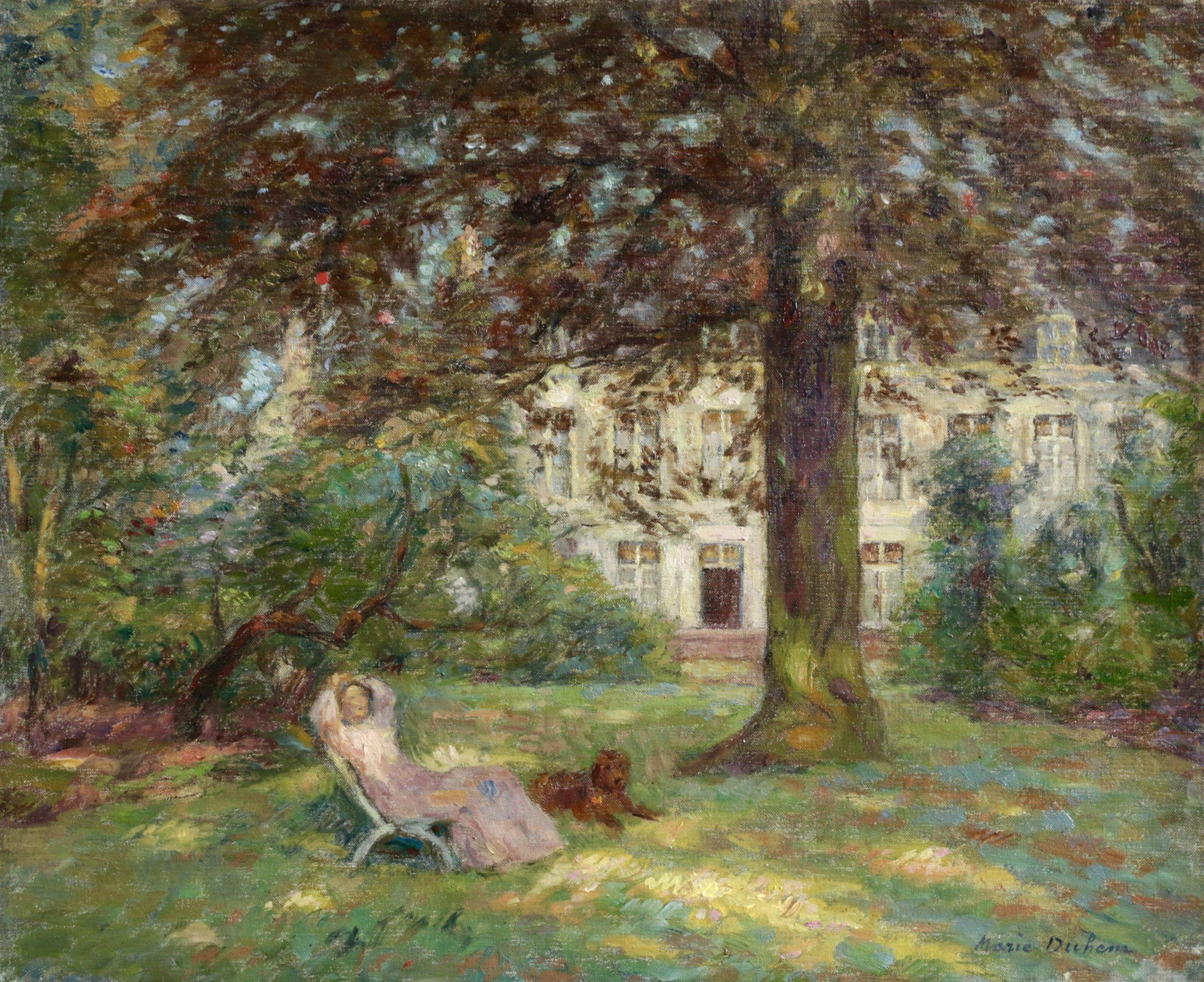 A beautiful oil on canvas circa 1910 by French Impressionist painter, Marie Duhem depicting a woman reclined in a chair in the garden, shading from the warm sun in the shade of a large tree with a dog by her side. Signed lower right. The painting is