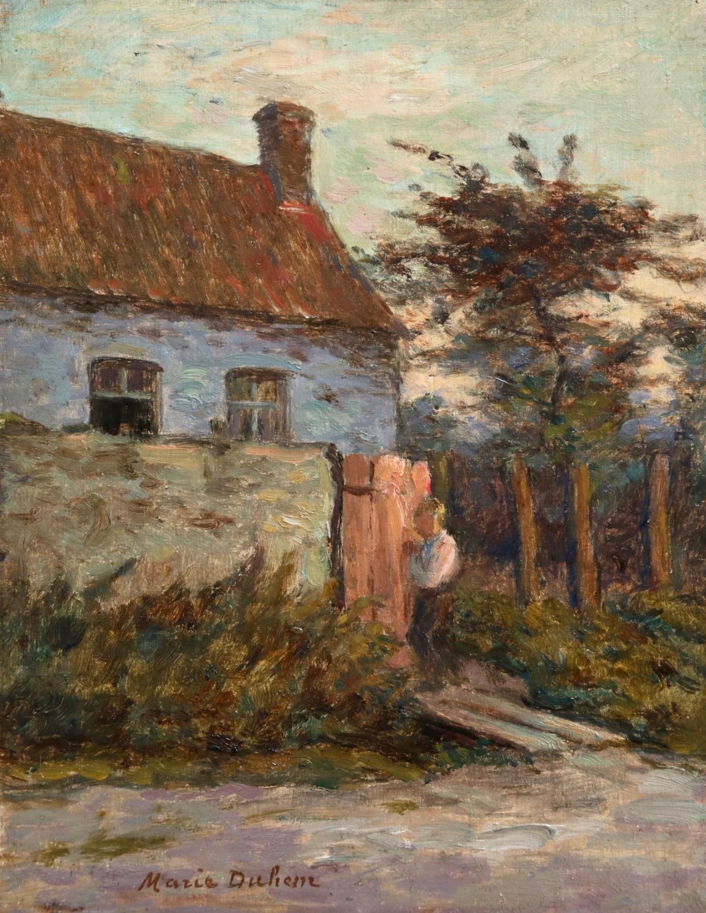 A lovely oil on panel circa 1905 by French Impressionist painter Marie Duhem depicting a figure standing beside a gate by a cottage as the sun sets behind the trees. Signed lower right.

Dimensions:
Unframed: 9.5"x7.5"

Provenance:
The collection of