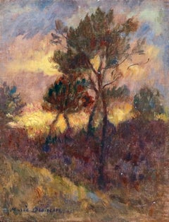 Sunset through the Trees - 19th Century Oil, Evening Landscape by Marie Duhem