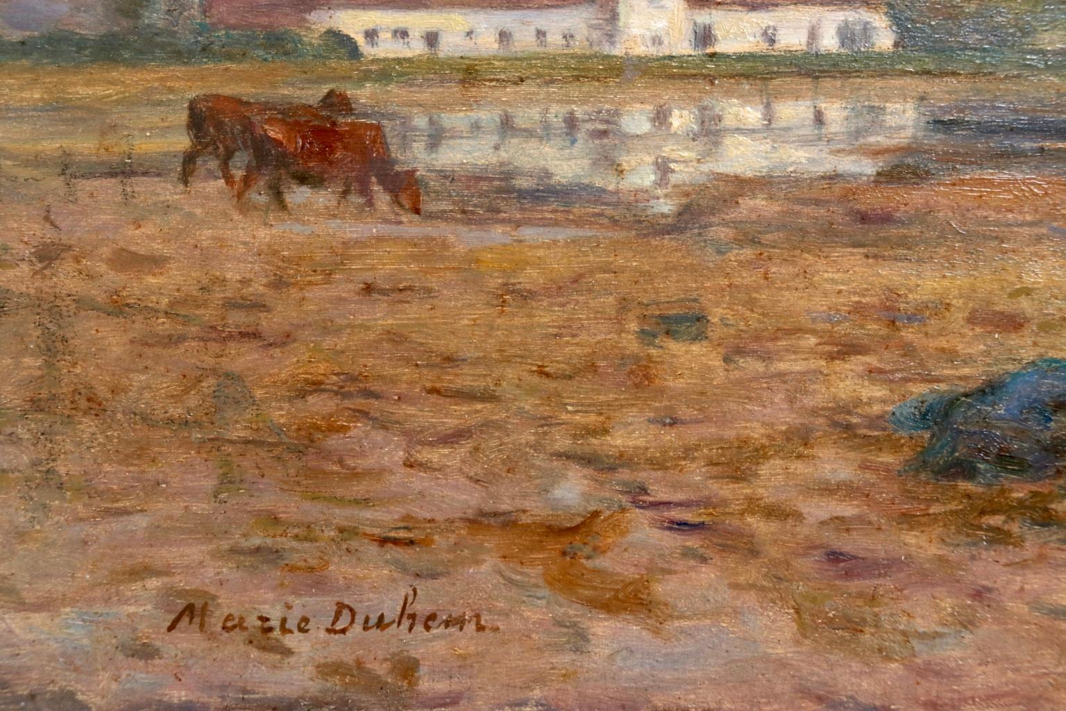 A wonderful oil on panel circa 1905 by French impressionist painter Marie Duhem depicting a woman seated on the grass with cattle grazing nearby and a pond and farmhouse beyond. 

Signature:
Signed lower left

Dimensions:
Unframed: 7.5
